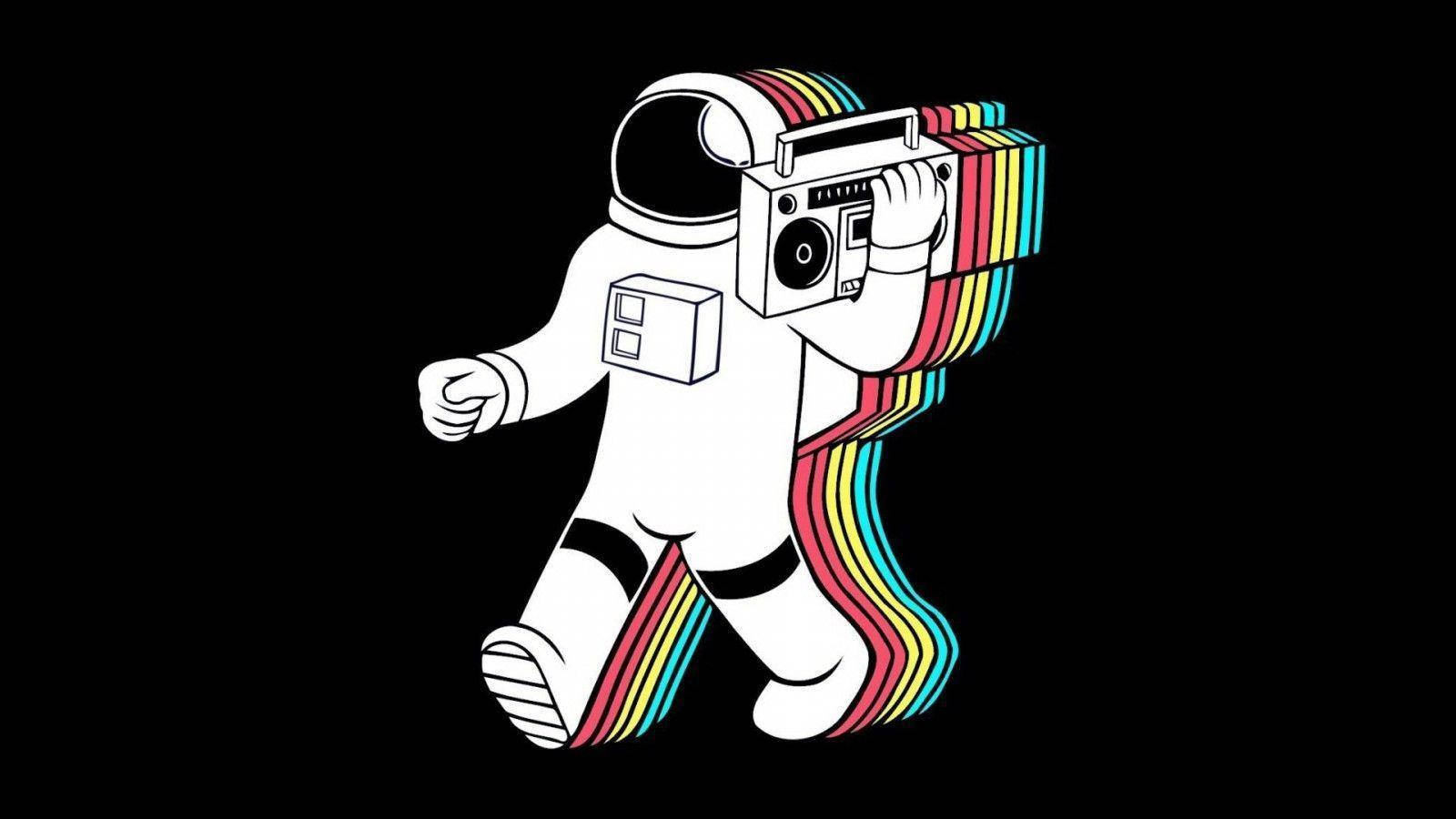 Aesthetic Retro 桌布 壁紙 — 一個風格化的太空人帶著一個發出彩虹色聲波的音響，在黑色背景上行走。