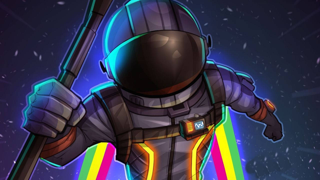 遊戲 桌布 壁紙 — 一個風格化的太空人穿著發光套裝，在星光燦爛的宇宙背景下手持權杖，帶有鮮豔的霓虹色調。