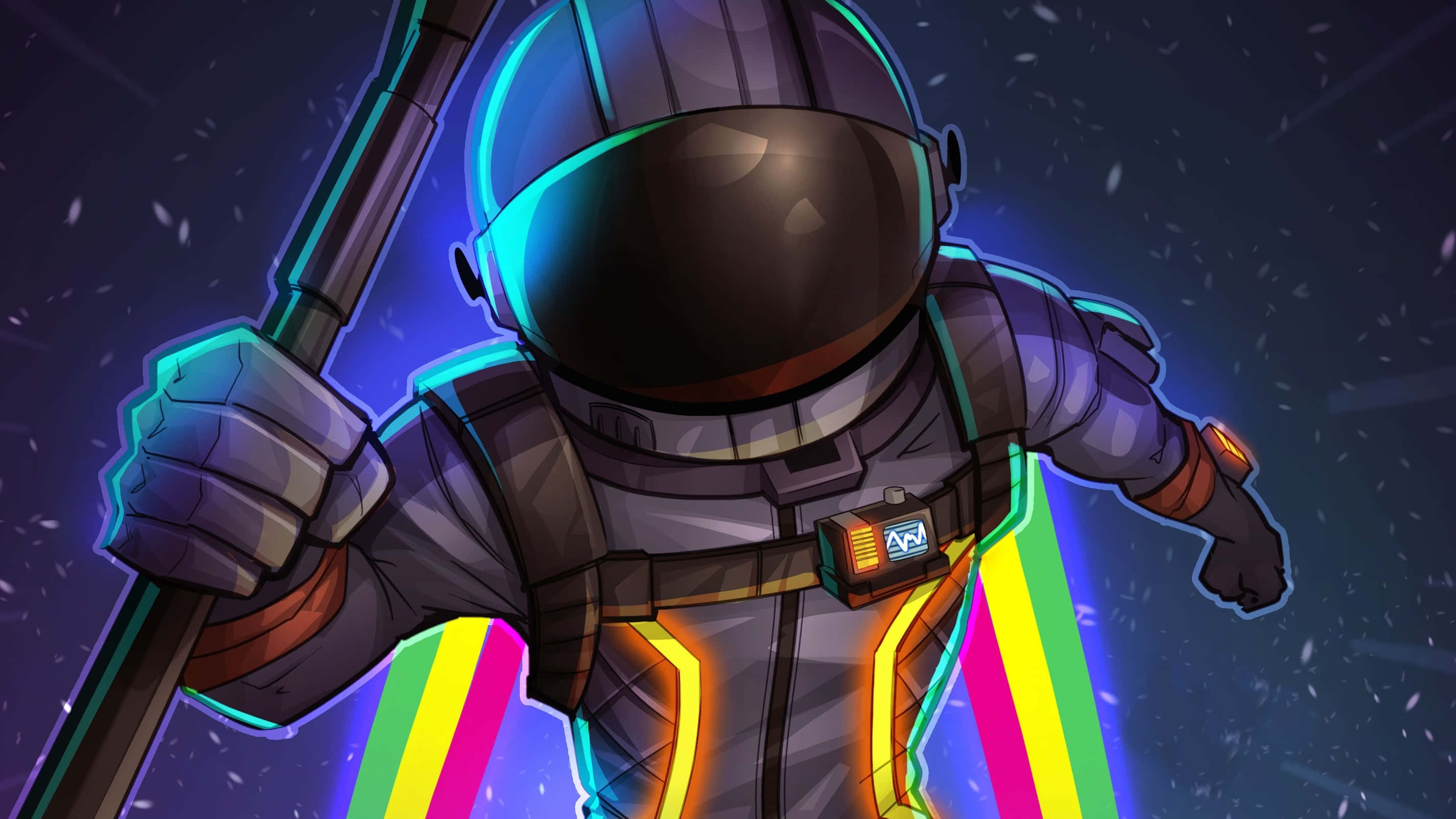 Fortnite Character 桌布 壁紙 — 一個風格化的太空人穿著發光的太空衣，在繁星點點的宇宙背景下手持一根帶有鮮豔霓虹條紋的杖。