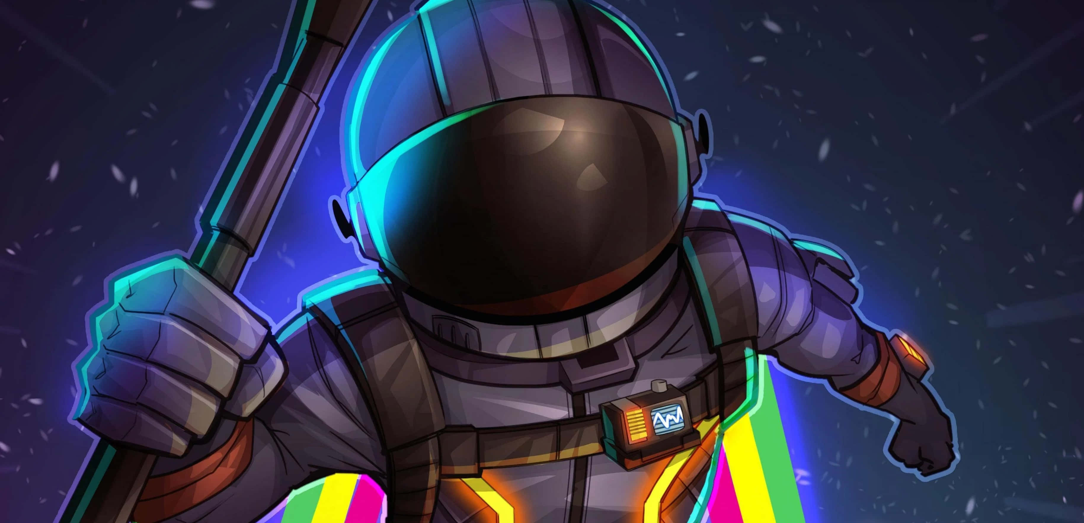 Fortnite 桌布 壁紙 — 一個風格化的太空人穿著發光的太空衣，在星光燦爛的宇宙背景下手持權杖，帶有鮮豔的霓虹色調。