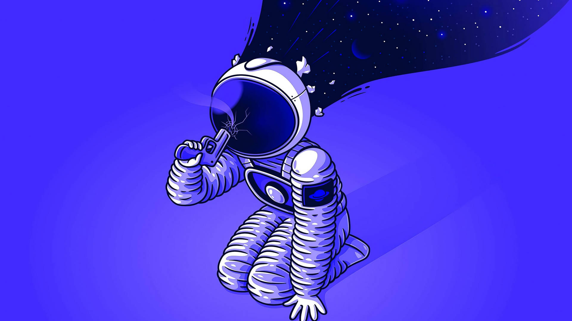  壁紙 — 一個風格化的太空人跪在深藍色的虛空中，頭盔中流出星光燦爛的宇宙流。