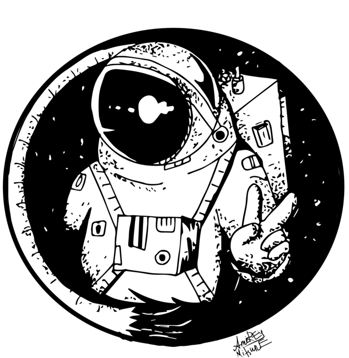 Spaceman 桌布 壁紙 — 一個風格化的太空人身穿太空衣，在圓形框架內，以繁星點點的宇宙背景做出和平手勢。