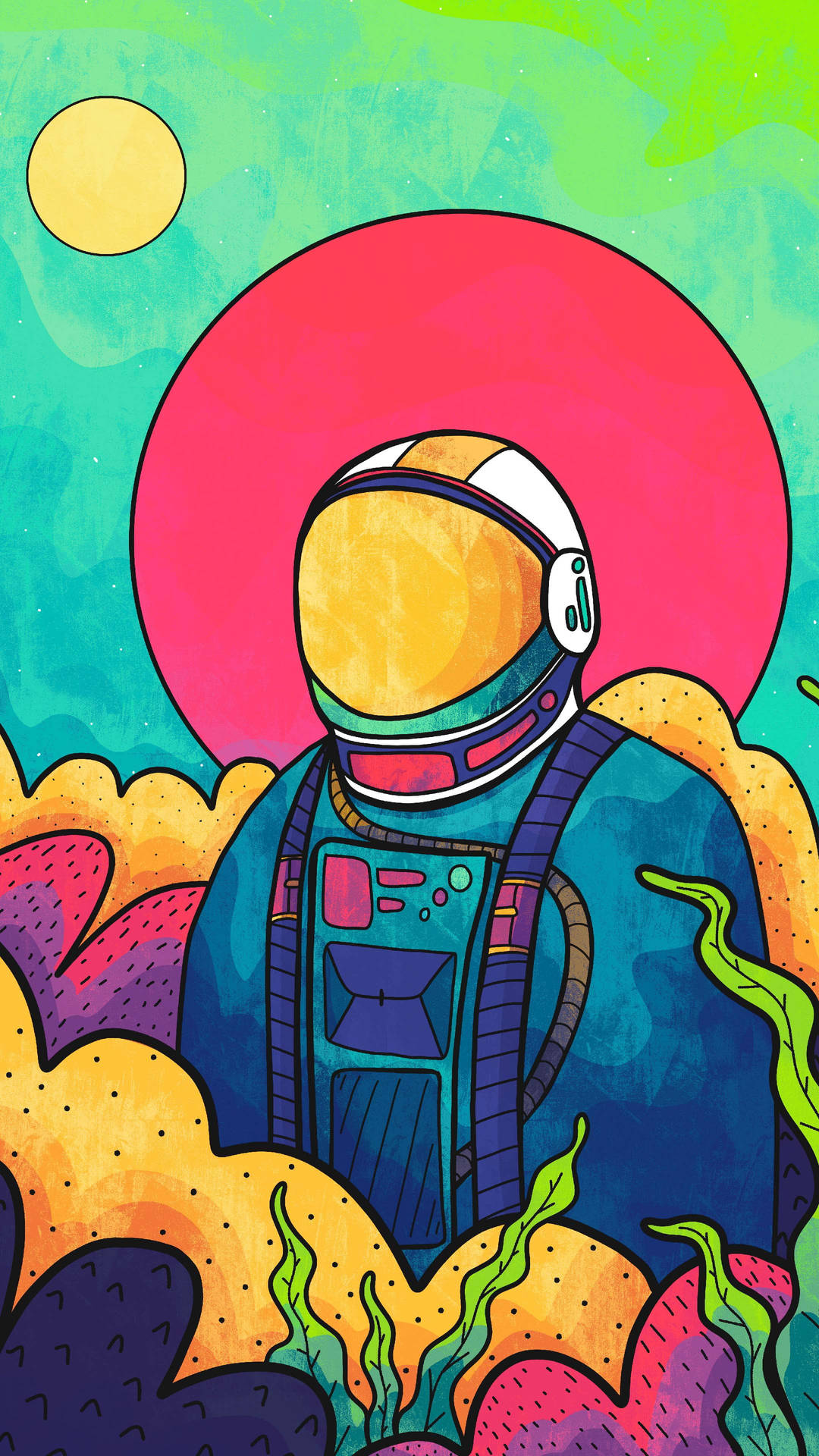  壁紙 — 一個風格化的太空人身穿藍色太空衣，站在色彩繽紛的外星植物中，背景是粉紅色的太陽和黃色的月亮。