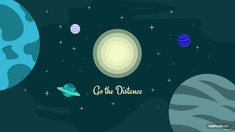Cartoon Space 桌布 壁紙 — 一個風格化的太空場景，有色彩繽紛的行星、星星和發光的太陽，並帶有文字 Go the Distance。