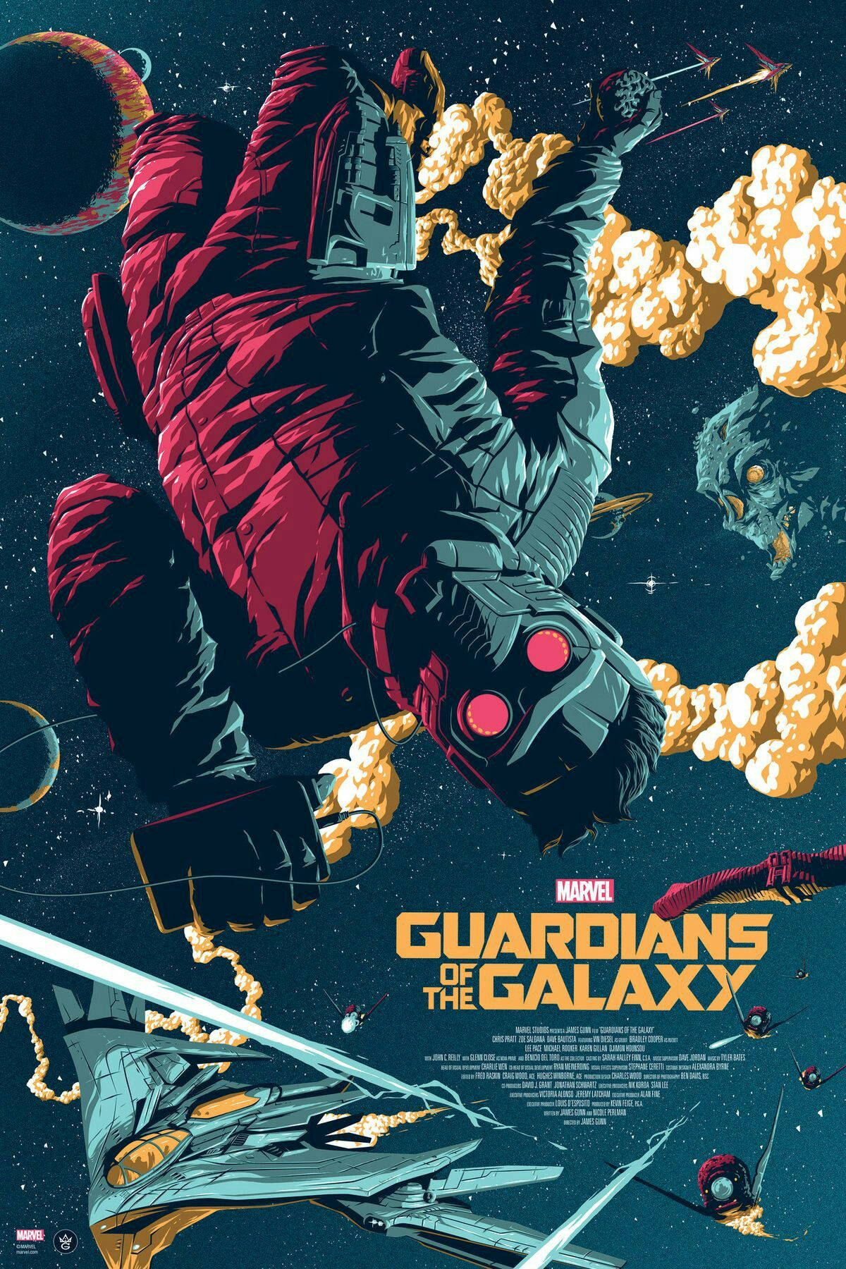 4K Guardians Of The Galaxy 桌布 壁紙 — 一個風格化的太空戰士穿著紅色盔甲，在爆炸和外星飛船中跳躍穿過星空。