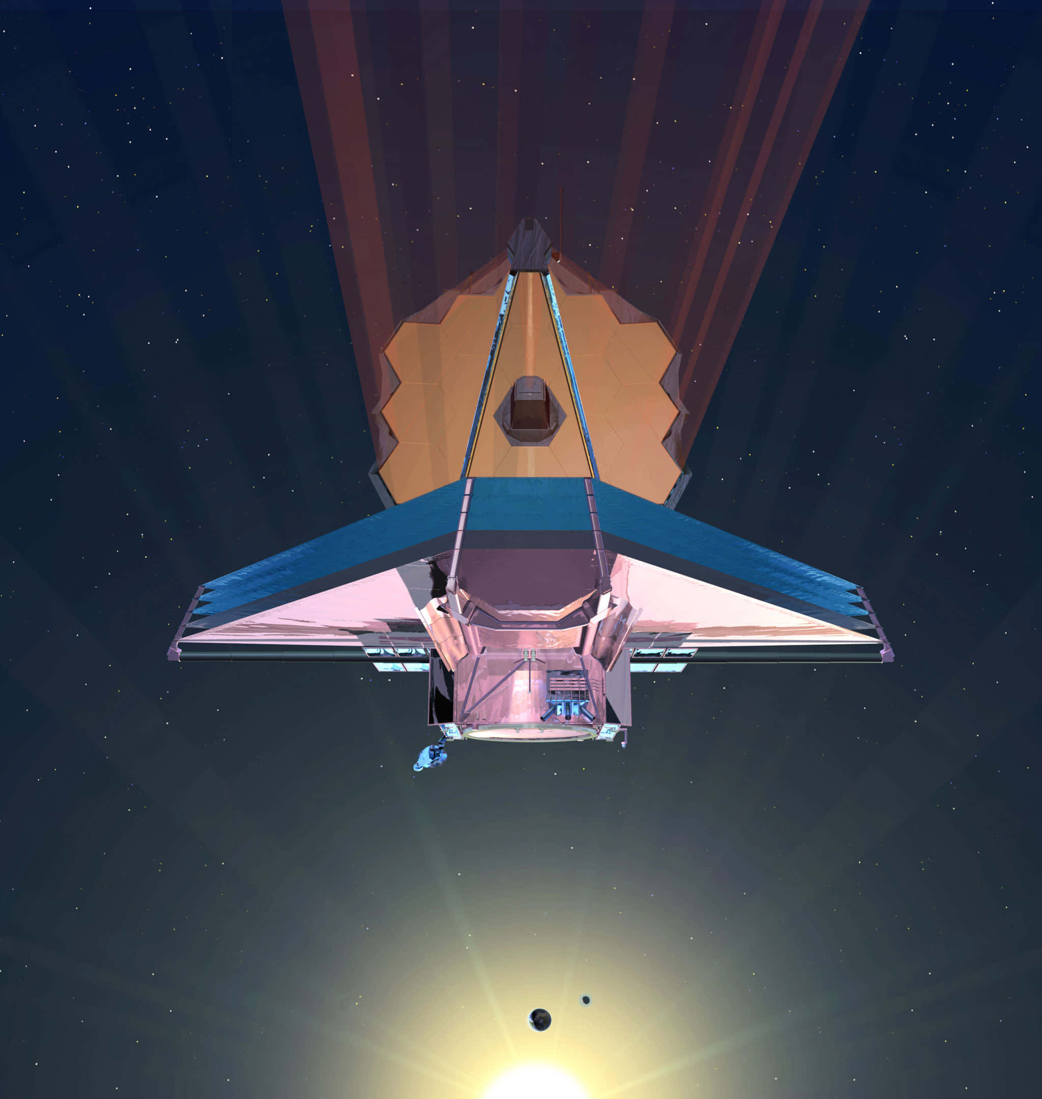 Telescope 桌布 壁紙 — 一個風格化的太空望遠鏡，帶有金色六角形鏡片和藍色機翼，在繁星點點的宇宙背景下環繞一顆明亮的恆星運行。