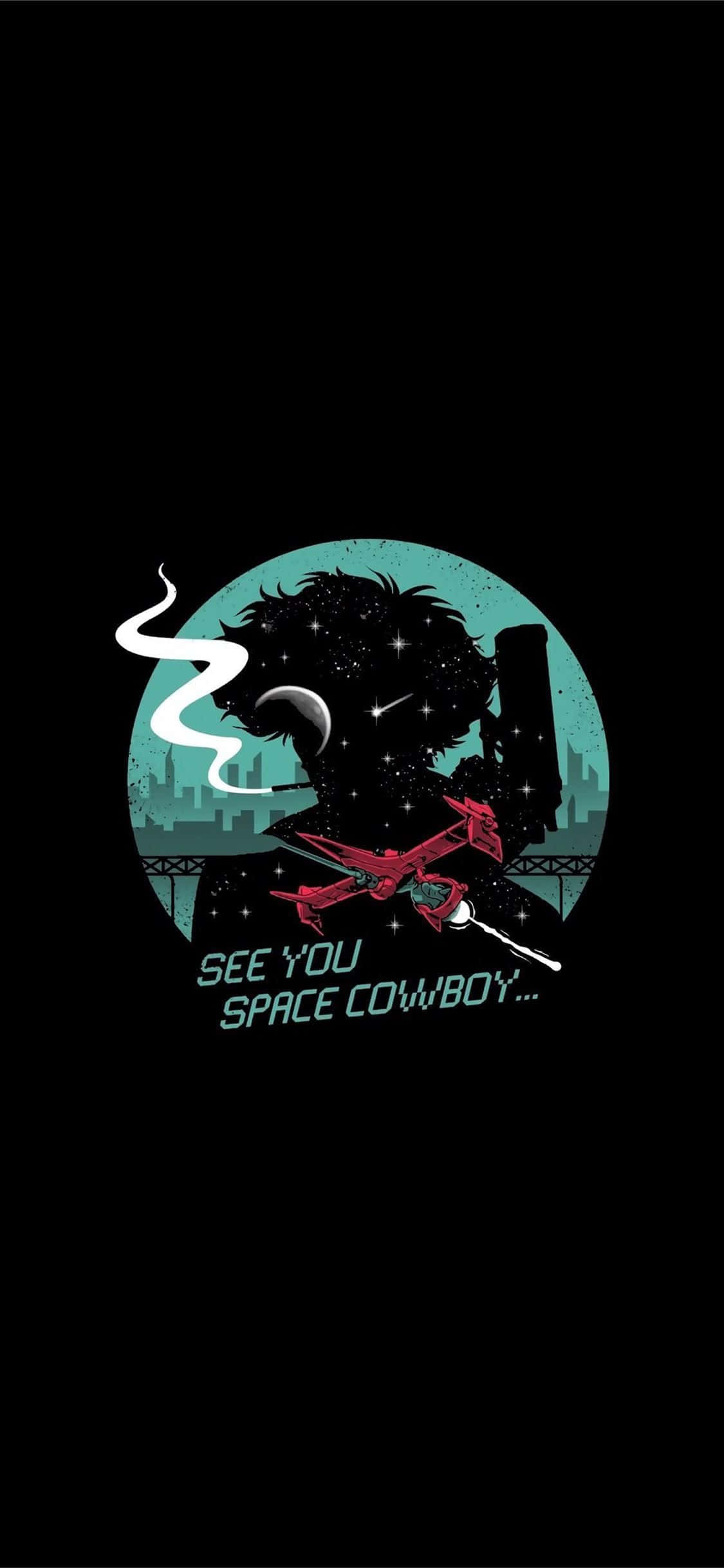星際牛仔 桌布 壁紙 — 一個風格化的太空牛仔剪影在藍綠色宇宙背景下抽煙，背景有紅色太空船和城市天際線。