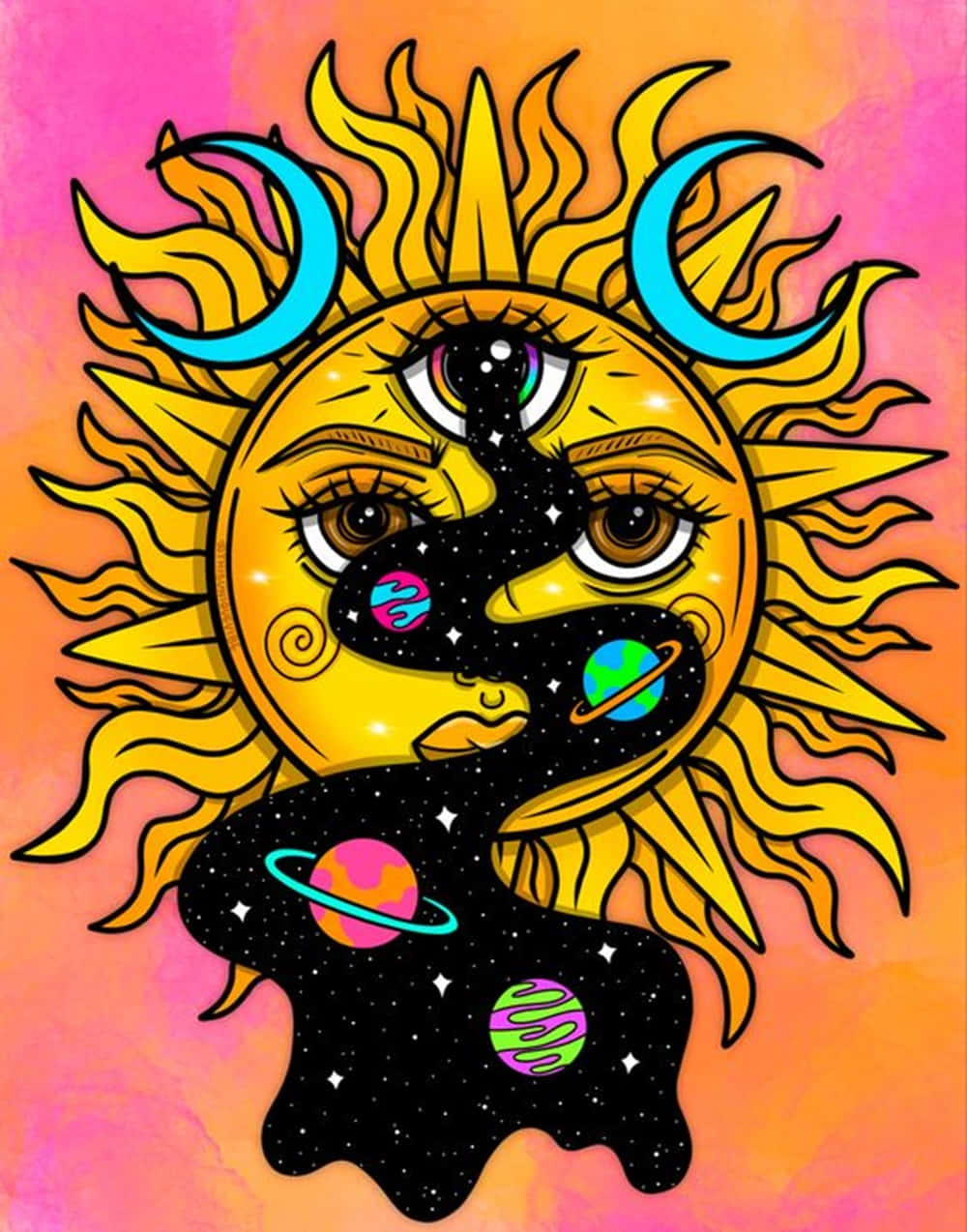 Sun And Moon Aesthetic 桌布 壁紙 — 一個風格化的太陽，帶有宇宙之眼和流動的黑色空間，滴落著色彩繽紛的行星，背景是漸變的粉紅色和橙色。