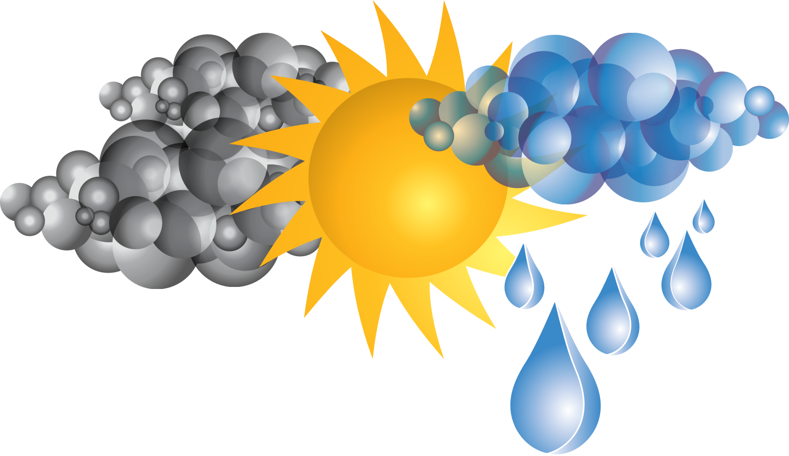 Weather 桌布 壁紙 — 一個風格化的太陽，帶有灰色和藍色的泡泡雲和落下的水滴，背景為黑色。