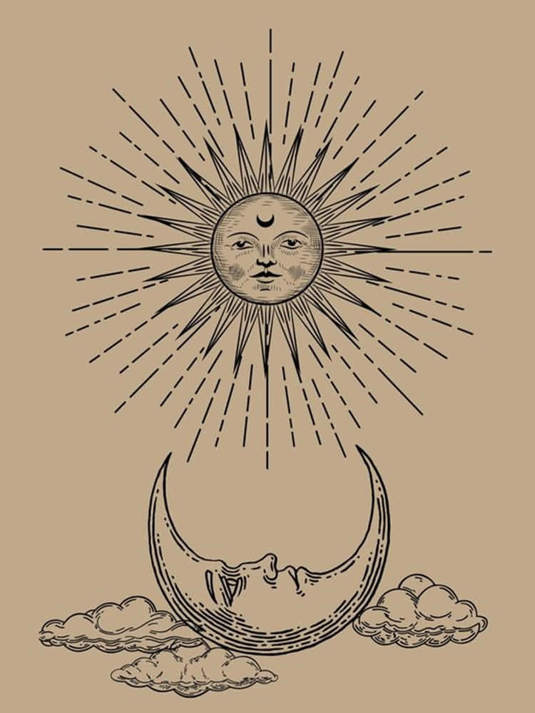 Sun And Moon Aesthetic 桌布 壁紙 — 一個風格化的太陽，帶有臉孔，下方是新月，兩者都有富表情的眼睛和嘴巴，被光線和雲朵環繞在米色背景上。