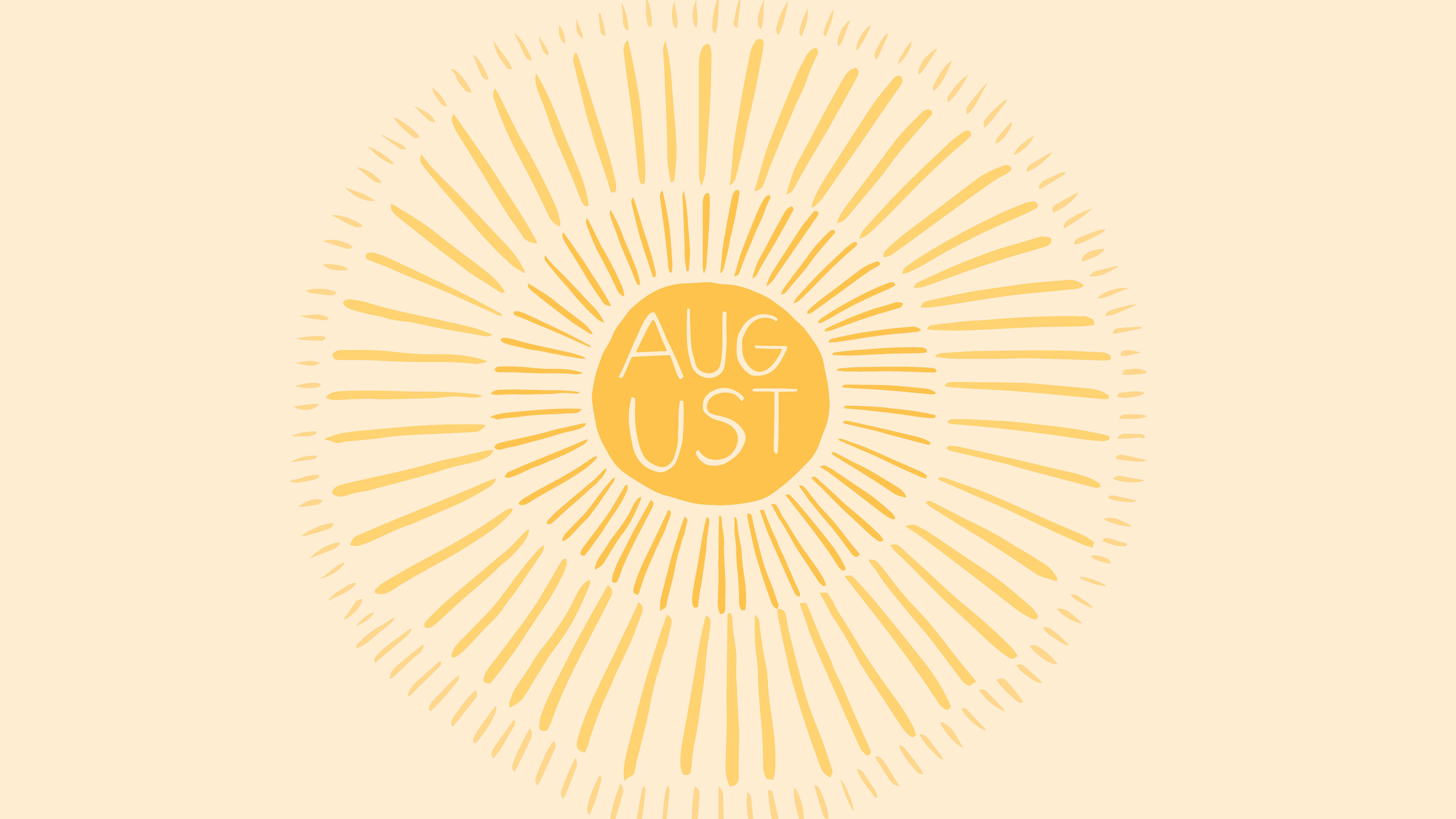 August 桌布 壁紙 — 一個風格化的太陽光線插圖，在柔和的奶油色背景上，溫暖的黃色圓圈中央有AUGUST這個詞。