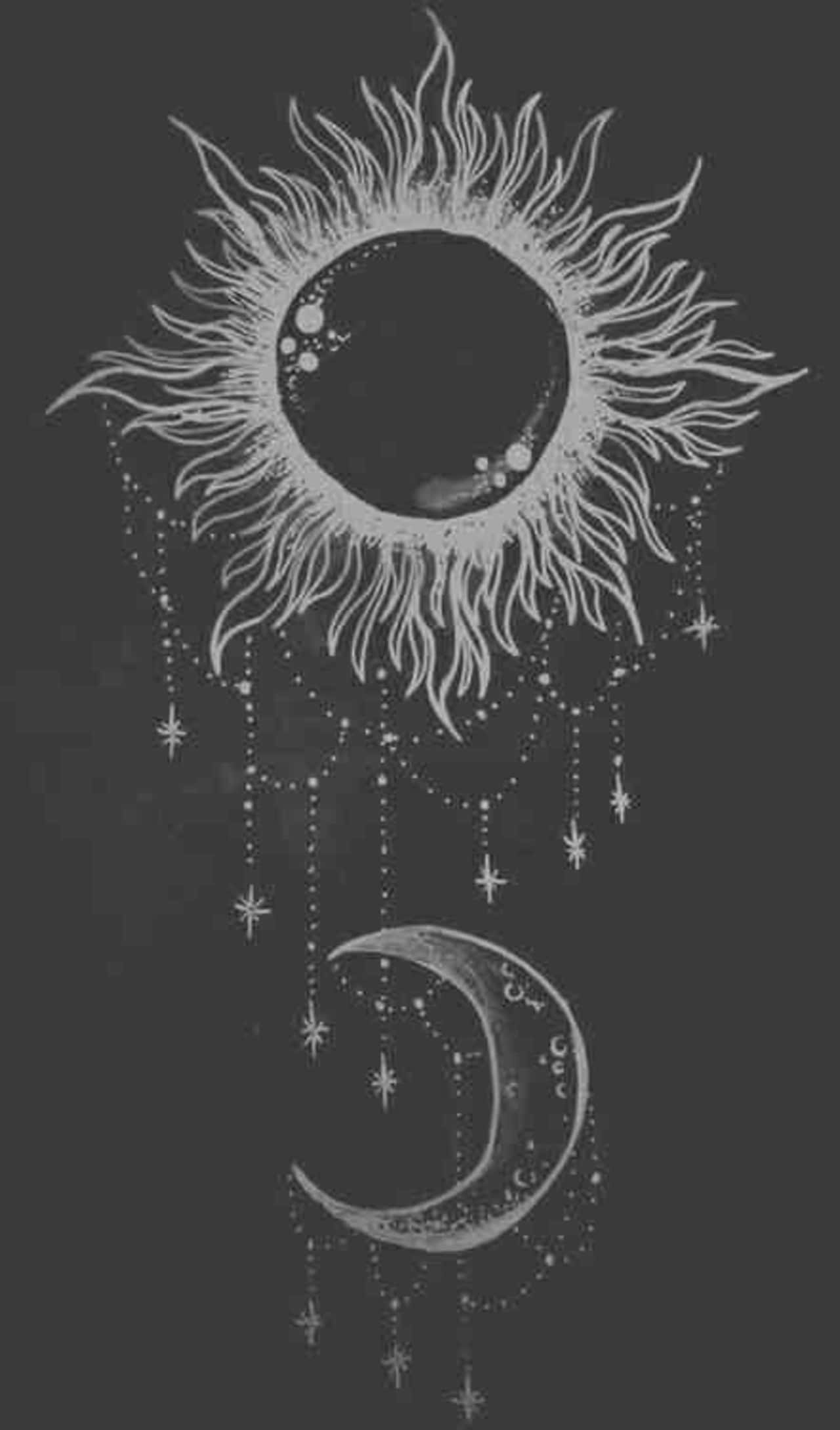 哥德式動圖 桌布 壁紙 — 一個風格化的太陽和彎月，飾有懸掛的星星和圓點，背景為深灰色。