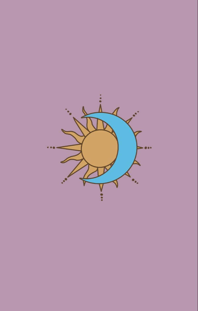 Sun And Moon Aesthetic 桌布 壁紙 — 一個風格化的太陽和彎月交織在柔和的薰衣草背景上。