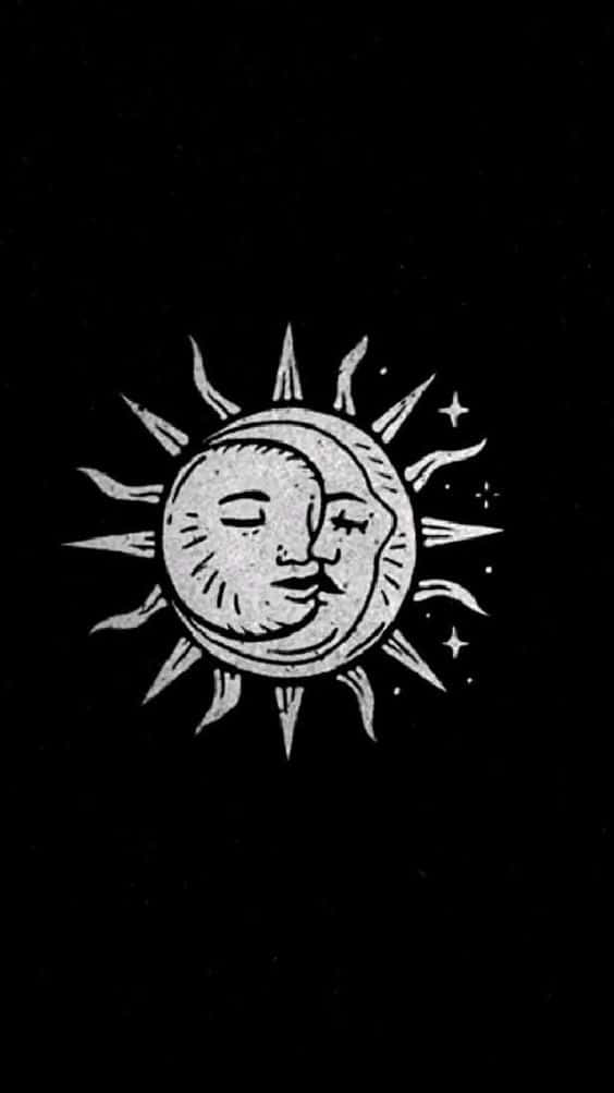 Sun And Moon Aesthetic 桌布 壁紙 — 一個風格化的太陽和月亮，帶有寧靜的面孔，在繁星點點的黑色背景上交織在一起。