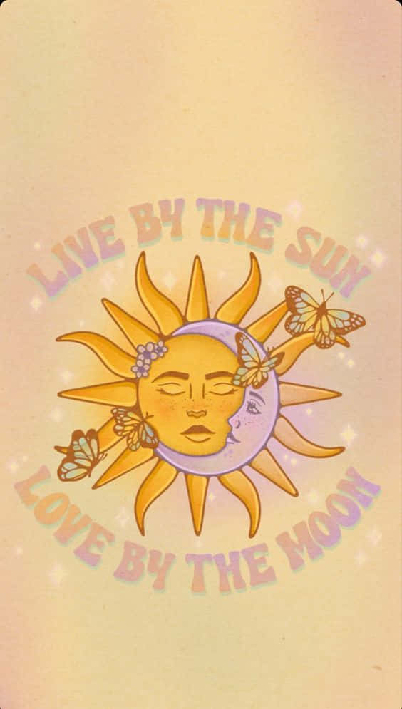 Sun And Moon Aesthetic 桌布 壁紙 — 一個風格化的太陽和月亮，閉著眼睛，蝴蝶環繞，周圍環繞著短語 'Live by the sun love by the moon'，背景為柔和的漸變色。