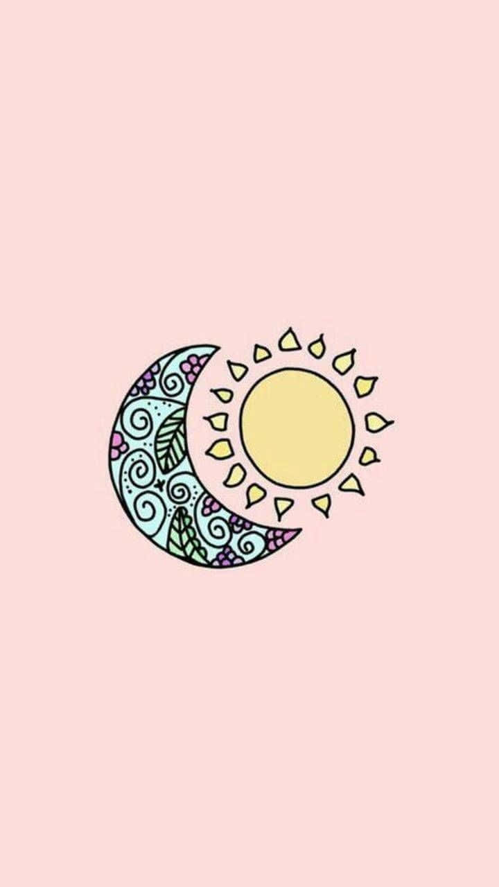 Sun And Moon Aesthetic 桌布 壁紙 — 一個風格化的太陽和月亮帶有複雜圖案，並排坐在柔和的粉紅色背景上。