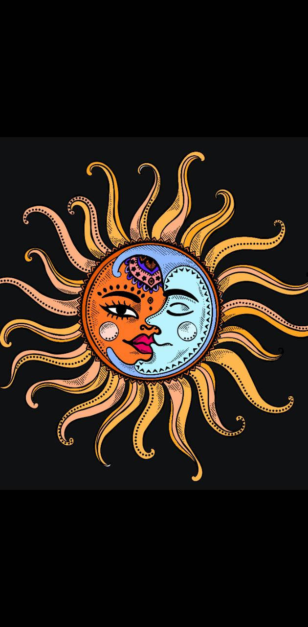太陽與月亮 桌布 壁紙 — 一個風格化的太陽和月亮臉孔在黑色背景上分享一個吻，帶有華麗的光線。
