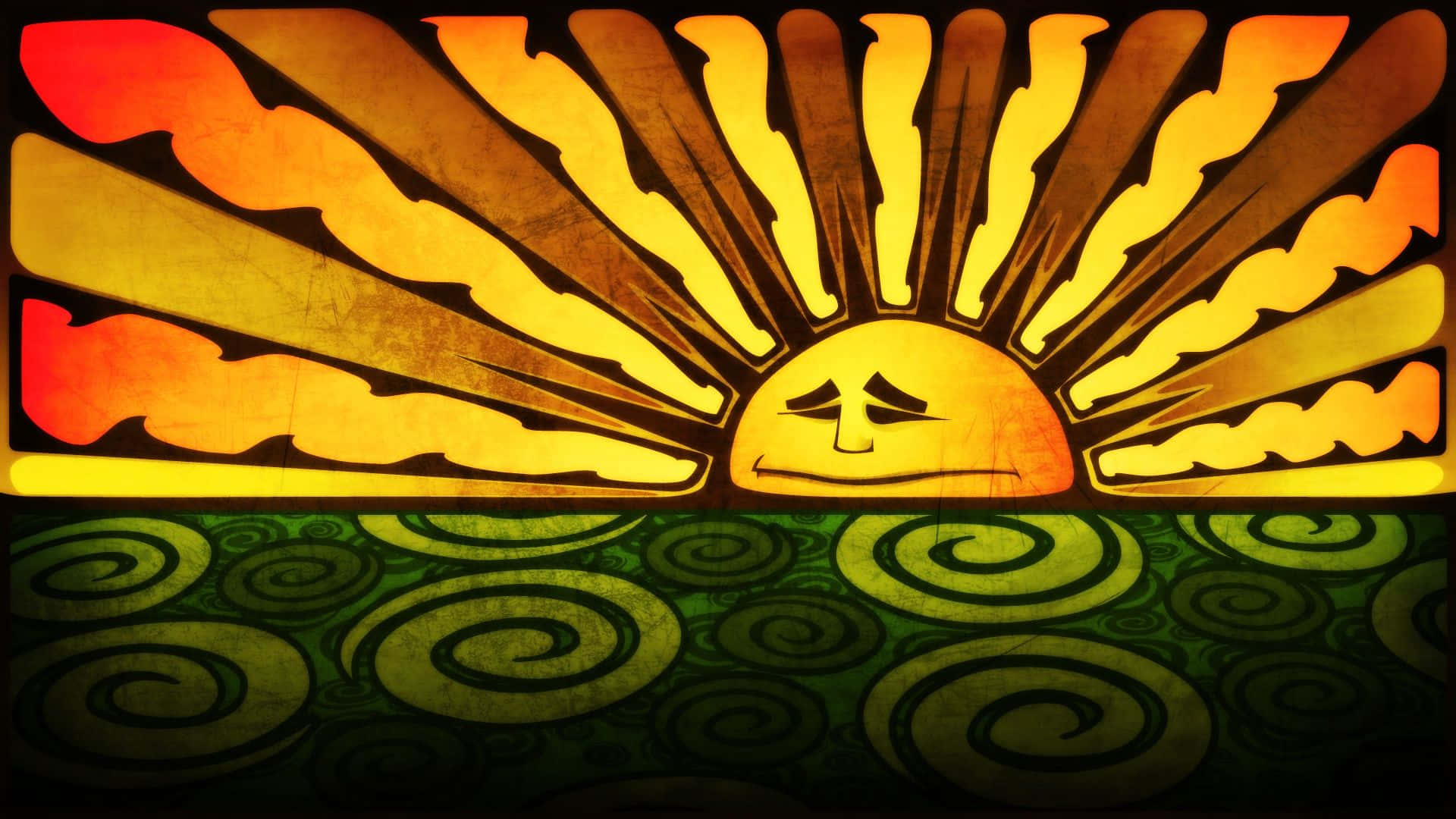 太陽 桌布 壁紙 — 一個風格化的太陽帶著悲傷的表情，在綠色螺旋圖案的地面上散發出溫暖的光芒。