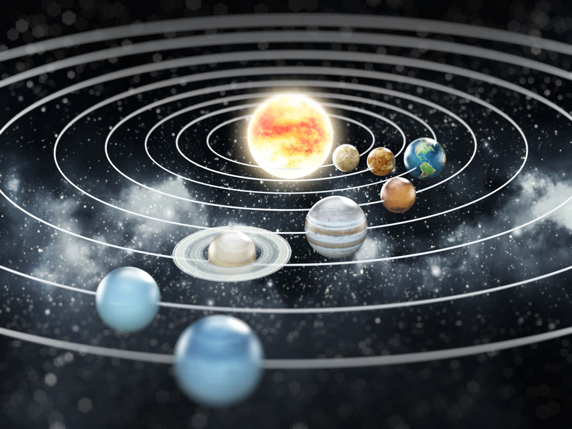 太陽系 桌布 壁紙 — 一個風格化的太陽系，帶有發光的太陽和行星在白色軌道上，背景是繁星點點的宇宙。