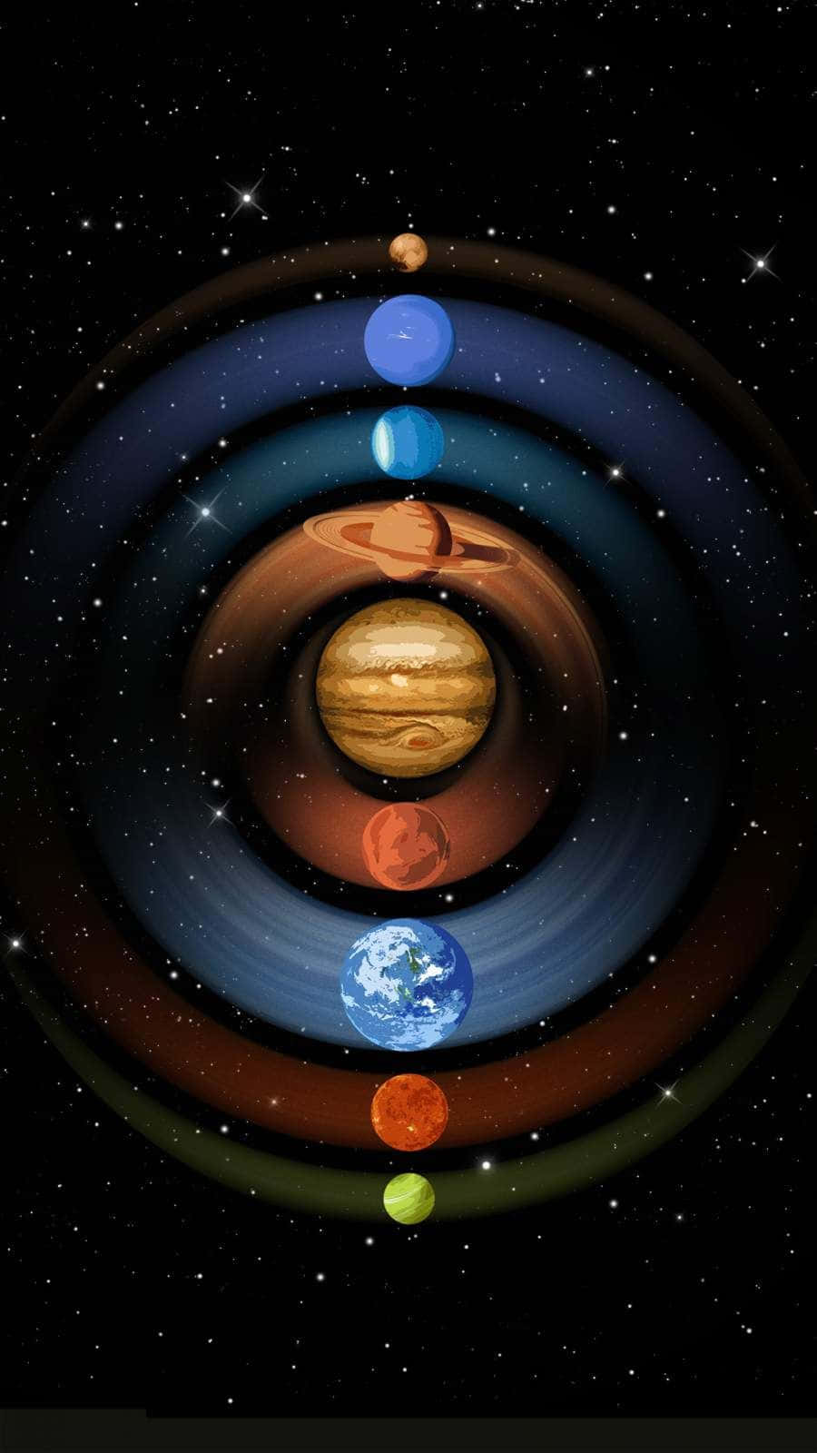 太陽系 桌布 壁紙 — 一個風格化的太陽系，行星圍繞中央太陽運行，背景是繁星點點的宇宙。