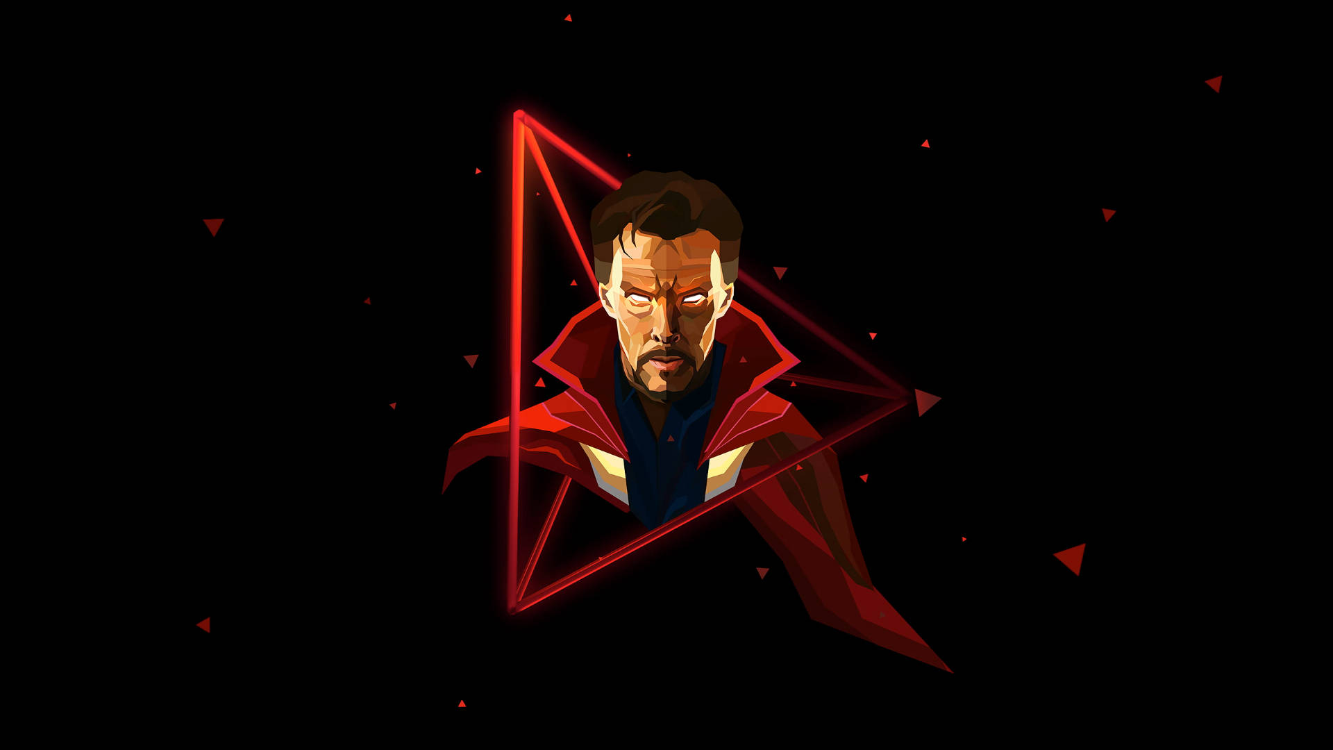 HD superhero 桌布 壁紙 — 一個風格化的奇異博士肖像，由發光的紅色三角形框住，背景為黑色，並有漂浮的紅色碎片。