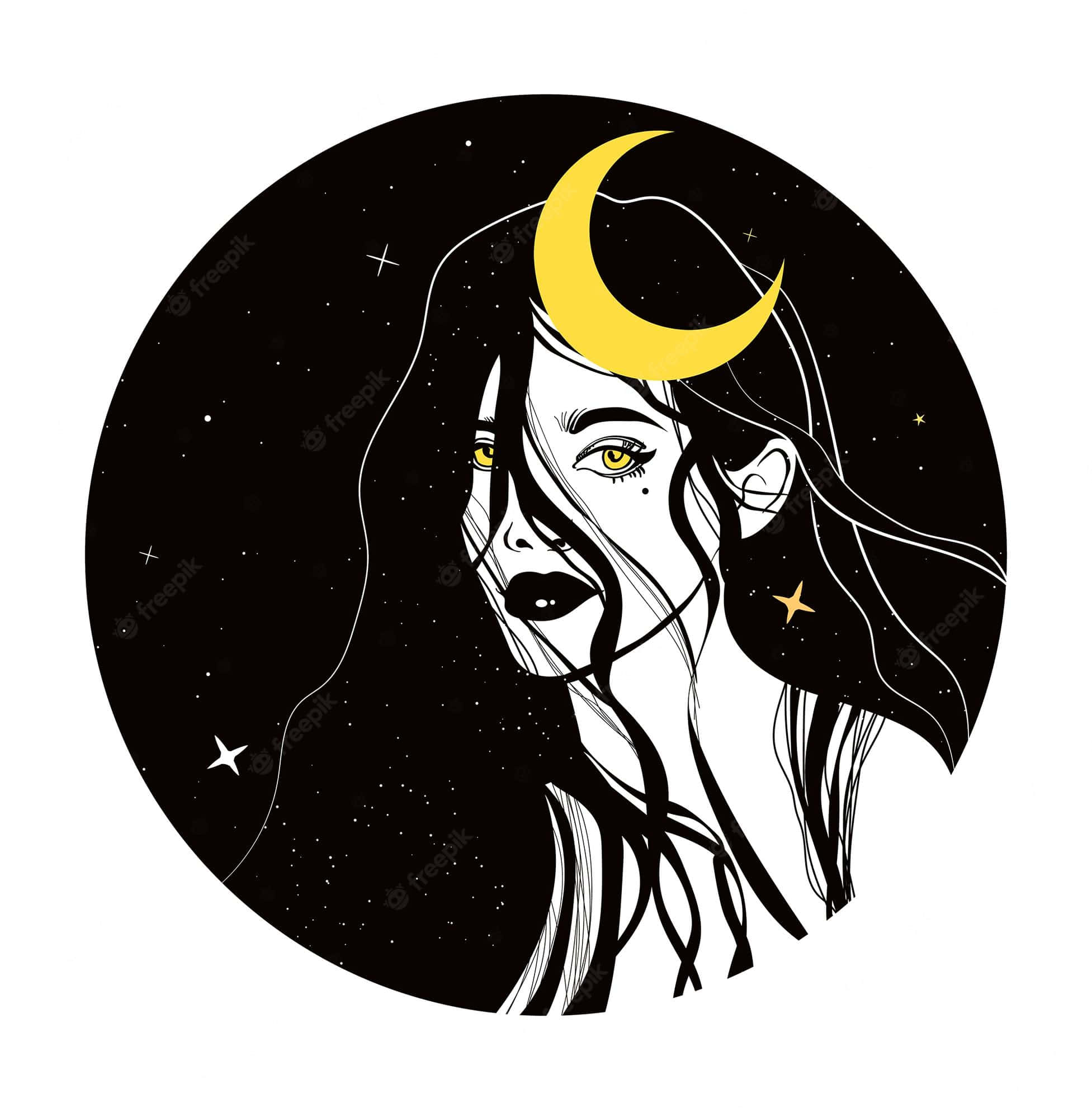 Celestial 桌布 壁紙 — 一個風格化的女人，飄逸的頭髮和金色的眼睛，在黑色宇宙背景下，新月和星星之下向上凝視。