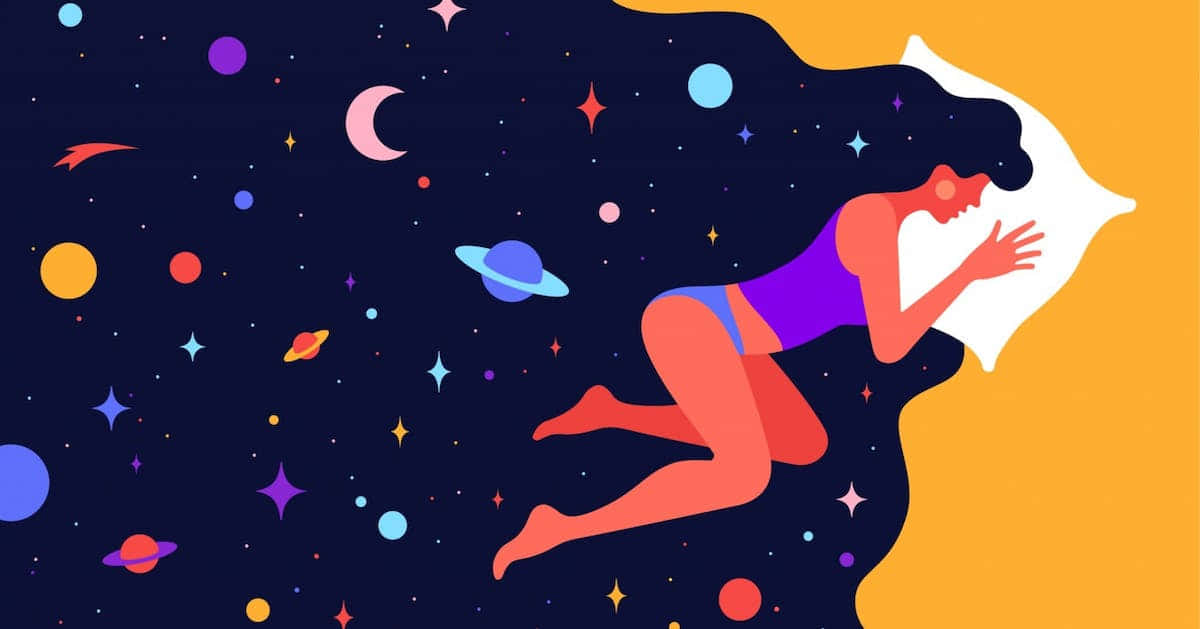 Dreaming 桌布 壁紙 — 一個風格化的女人在枕頭上安詳地睡著，枕頭漂浮在充滿行星、星星和彎月的充滿活力的宇宙場景中。