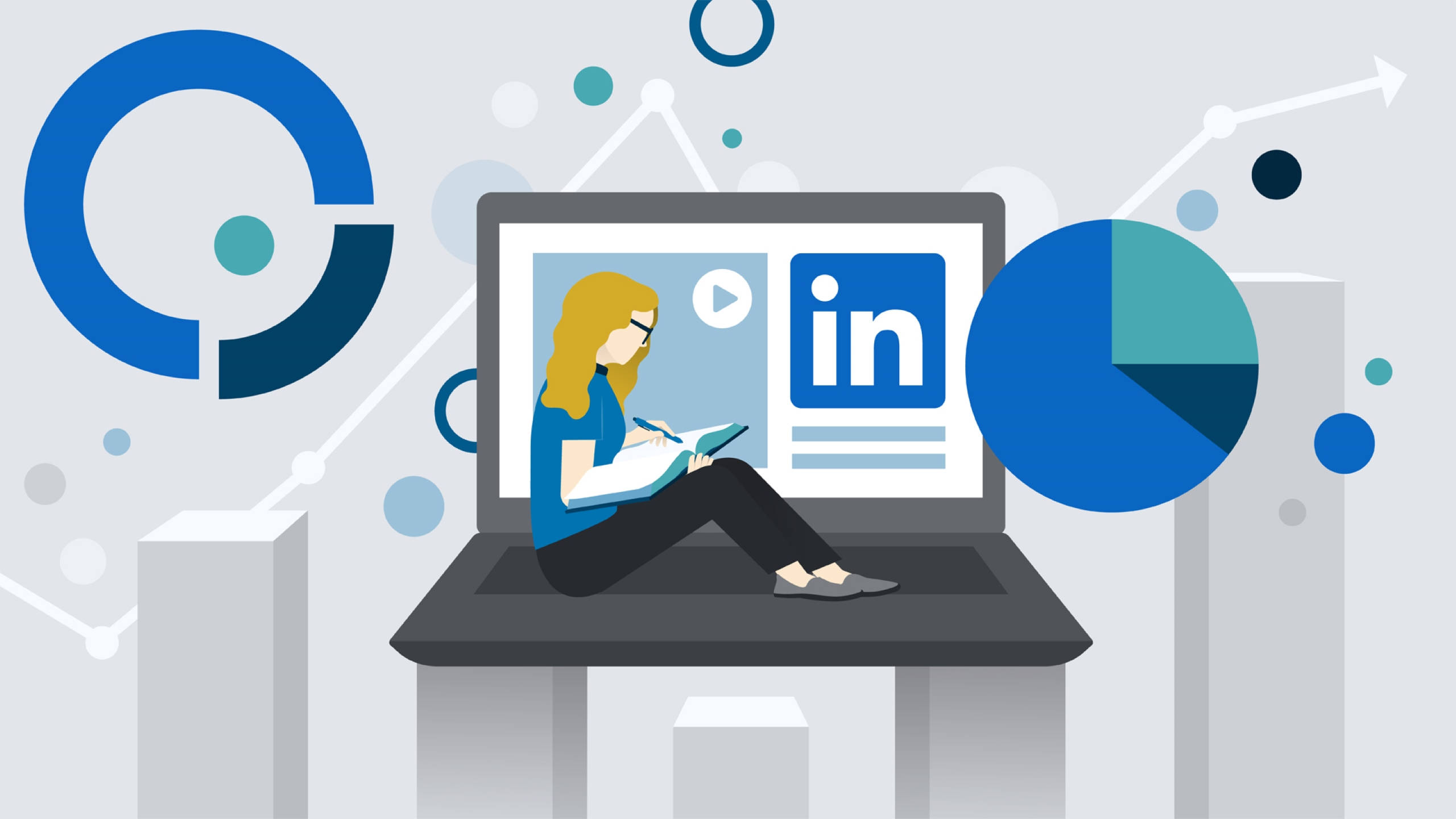 Linkedin 桌布 壁紙 — 一個風格化的女人坐在顯示LinkedIn的筆記型電腦上，周圍環繞著商業圖表和圖形。
