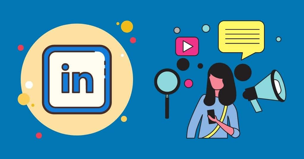 Linkedin 桌布 壁紙 — 一個風格化的女人拿著電話和擴音器，被社交媒體圖標和一個大的LinkedIn標誌包圍在藍色背景上。