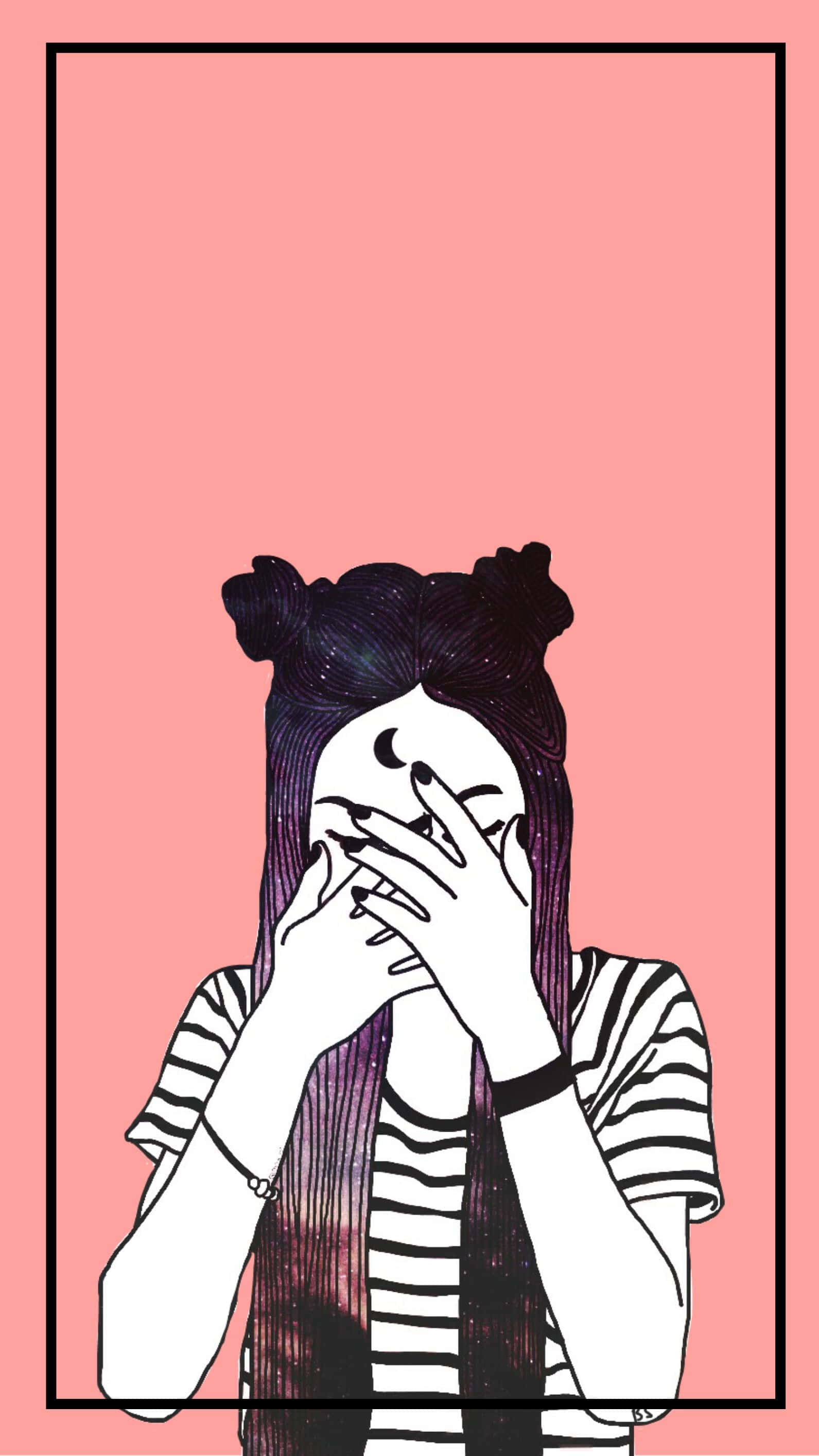 sadness 桌布 壁紙 — 一個風格化的女孩，擁有宇宙般的頭髮，在柔和的粉紅色背景上用手遮住臉。