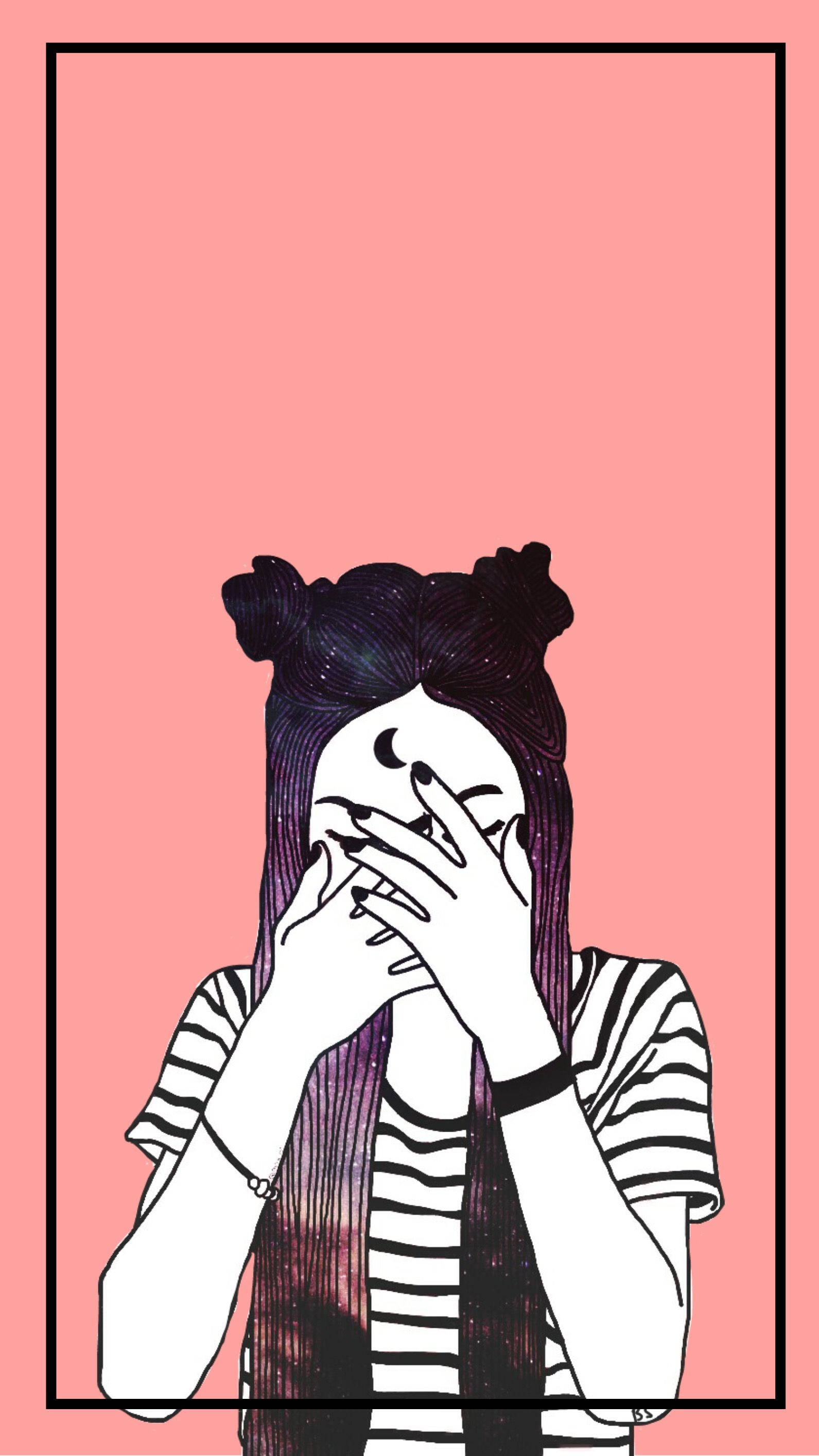 憂鬱少女美學 桌布 壁紙 — 一個風格化的女孩，擁有宇宙般的頭髮，用雙手遮住臉，背景是柔和的粉紅色。