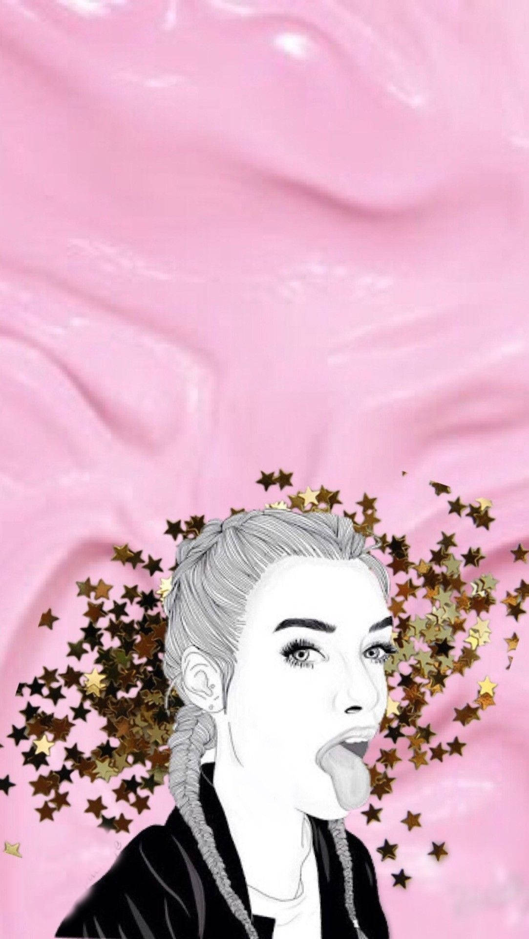 桌布 壁紙 — 一個風格化的女孩，辮子頭髮，星星從她的頭部迸發出來，背景是粉紅色的液體。