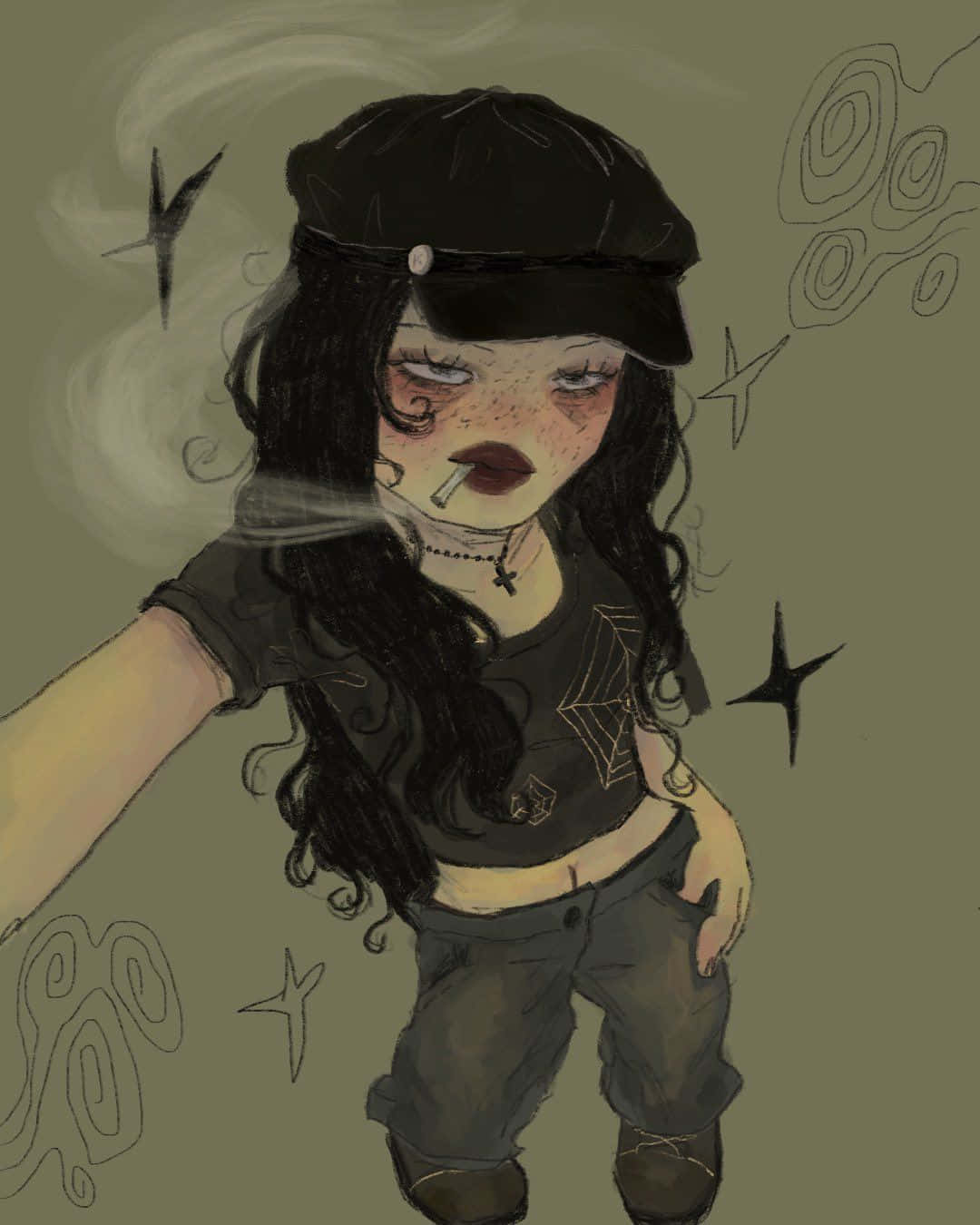 Grunge Cartoon 桌布 壁紙 — 一個風格化的女孩，長著深色長髮，戴著黑色帽子，在柔和的綠色背景前抽煙，背景有旋轉的煙霧和星星形狀。