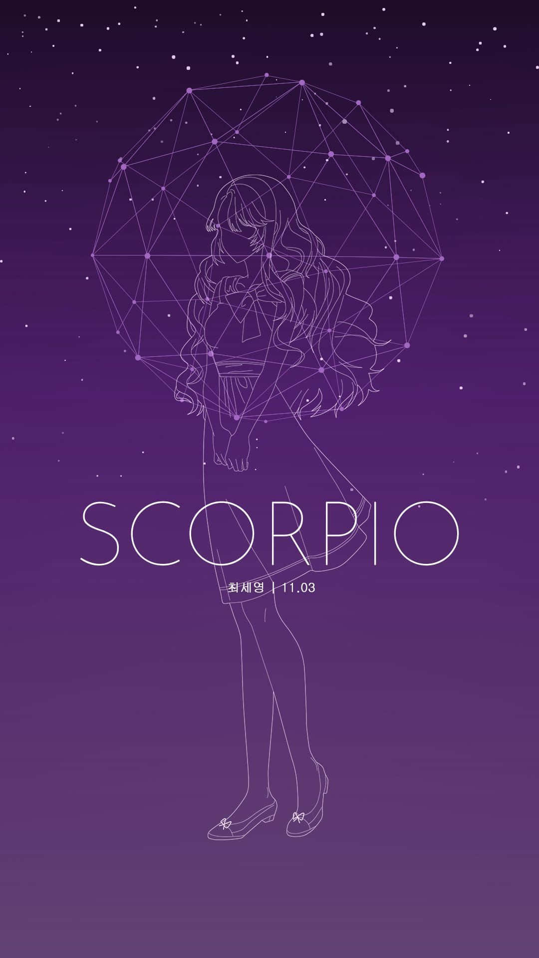 Scorpio 桌布 壁紙 — 一個風格化的女孩剪影，在幾何天蠍座星座下，襯以繁星點點的紫色天空。