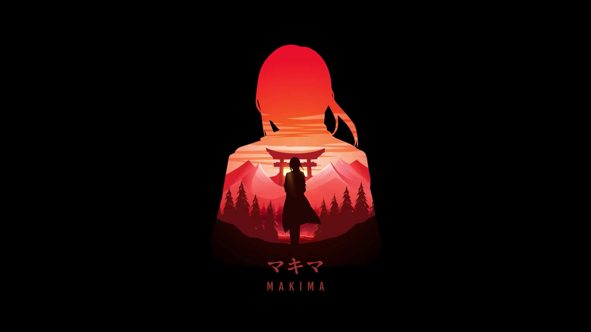 美學 桌布 壁紙 — 一個風格化的女孩剪影，她的背部有日落山景和鳥居，背景為黑色。