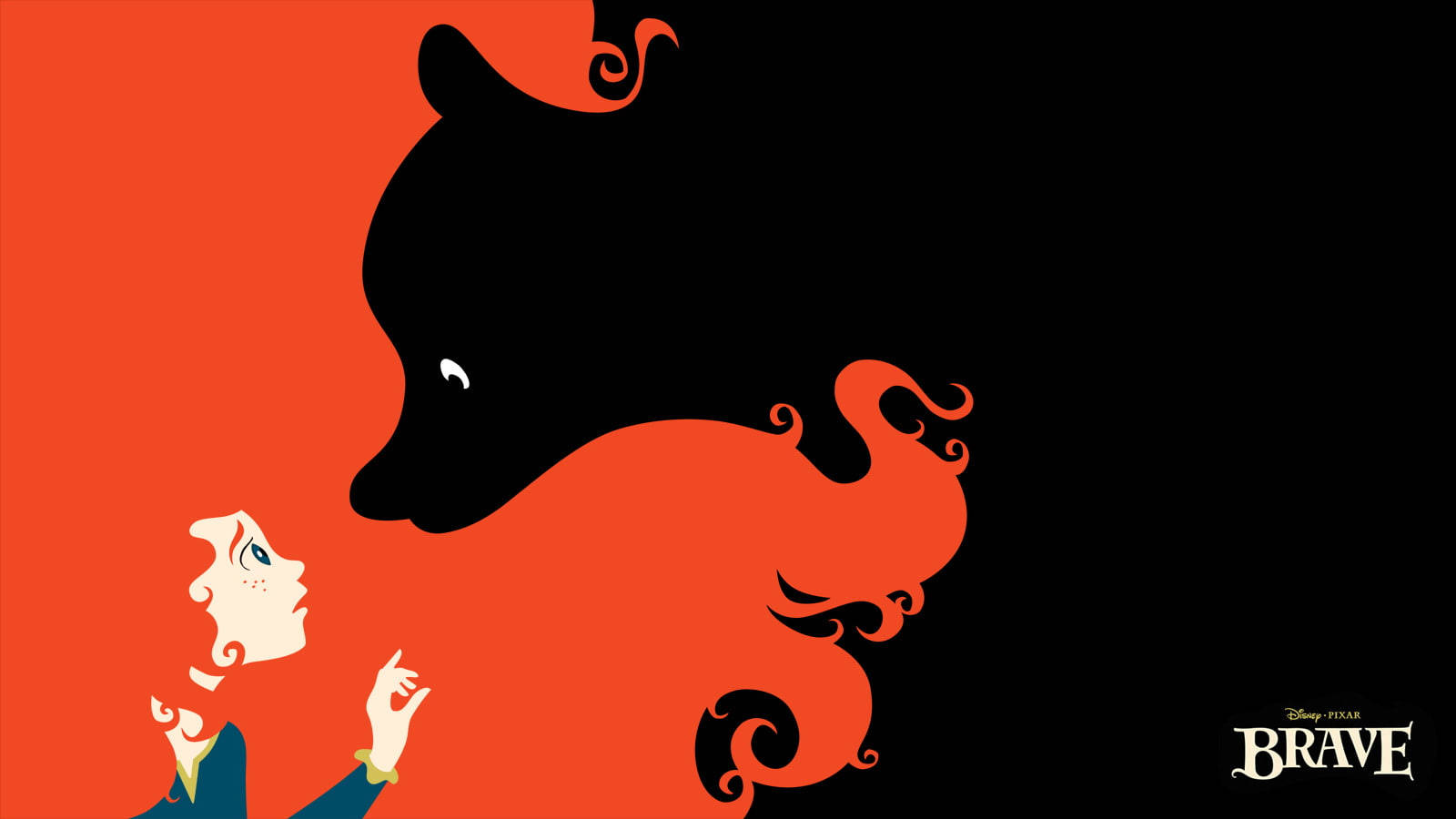 Disney Brave 桌布 壁紙 — 一個風格化的女孩在迪士尼·皮克斯《勇敢傳說》海報中，抬頭望向鮮豔橙色背景上的一個大型黑色熊剪影。