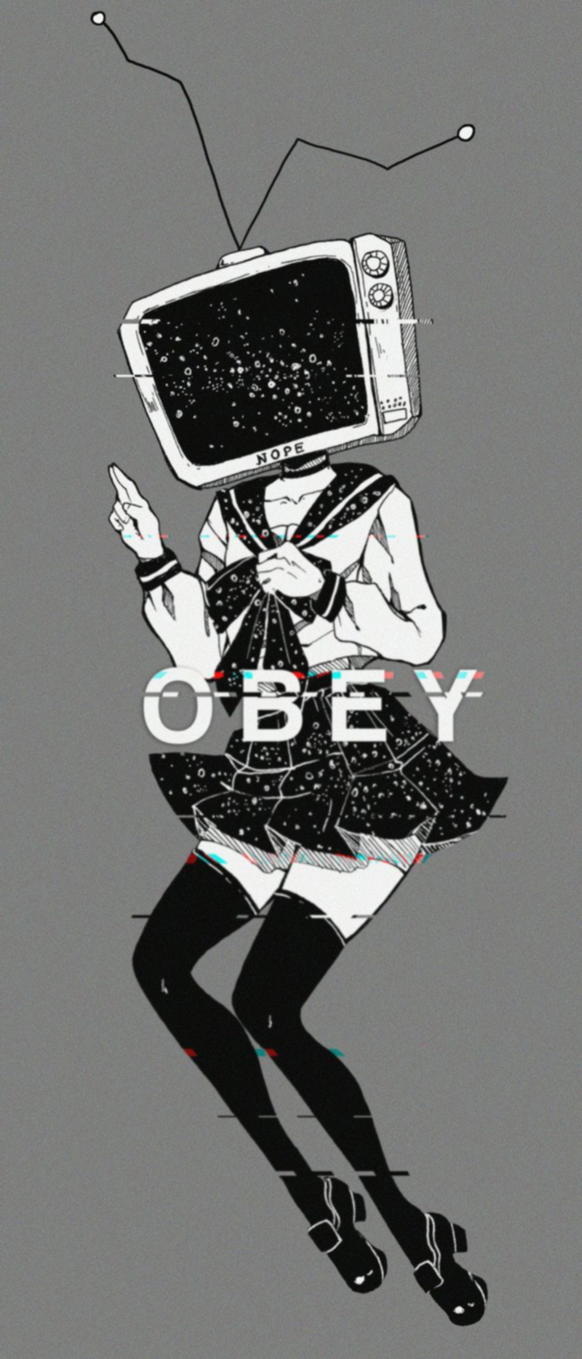 tv 桌布 壁紙 — 一個風格化的女孩穿著水手服，頭部是一個復古電視機，顯示星星和「希望」一詞，同時向上指。