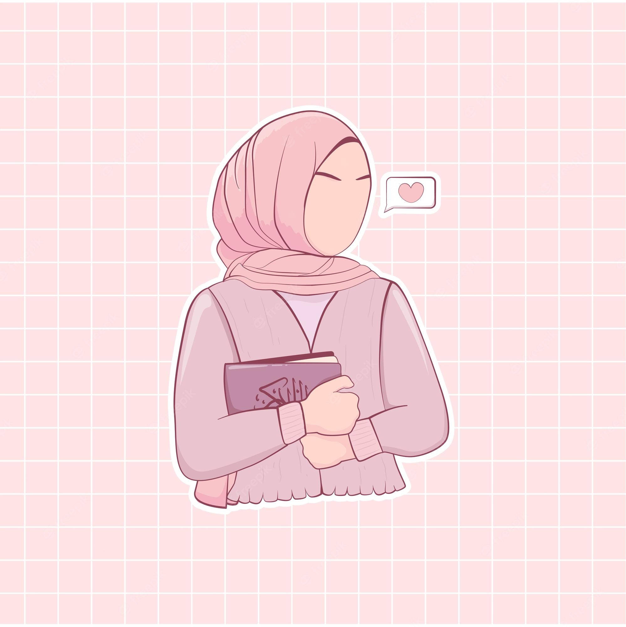 hijab cartoon 桌布 壁紙 — 一個風格化的女孩穿著粉紅色頭巾，拿著一本帶有心形對話氣泡的書，背景是柔和的粉紅色網格。