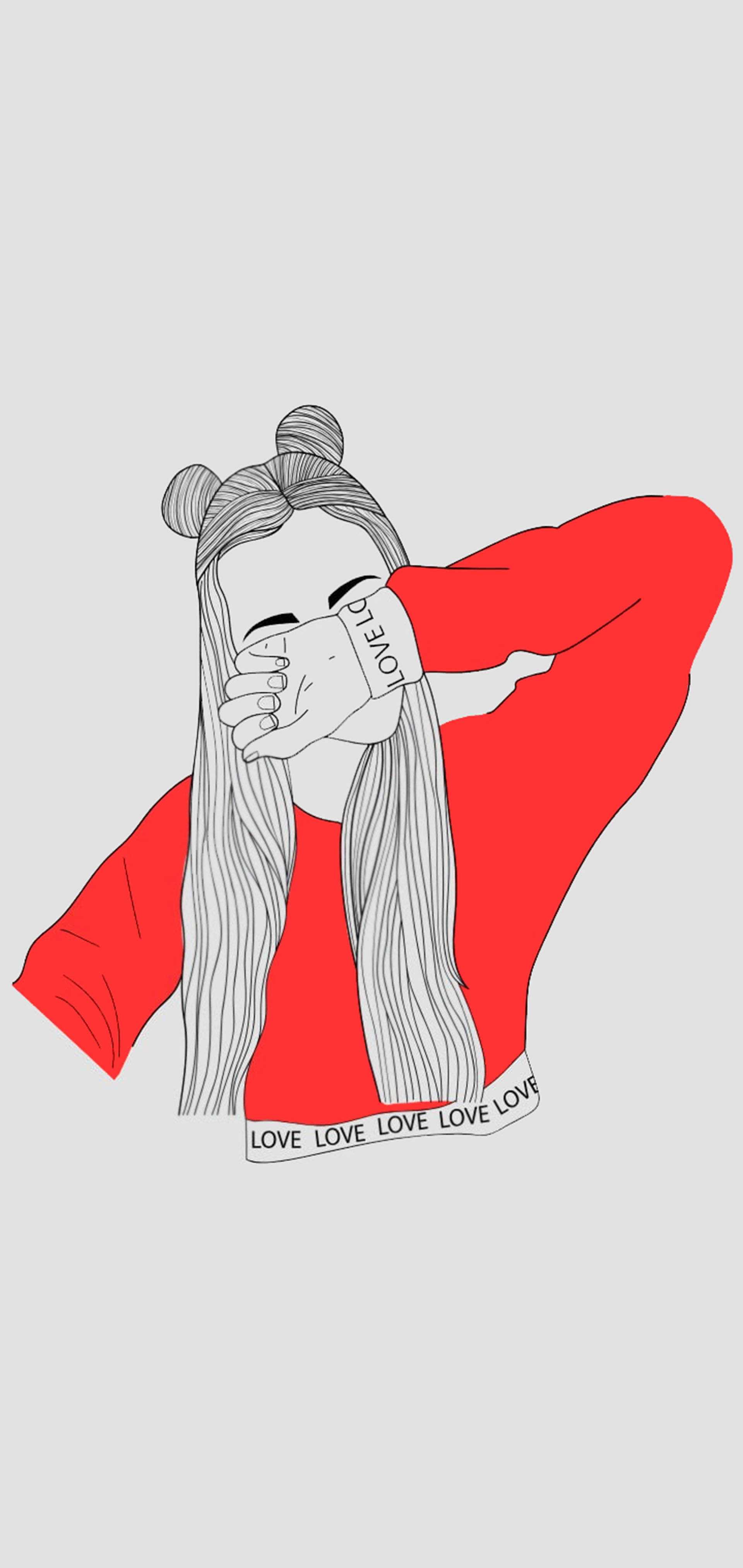 桌布 壁紙 — 一個風格化的女孩穿著紅色連帽衫，手持寫有'LOVE'的杯子，同時用手遮住臉。