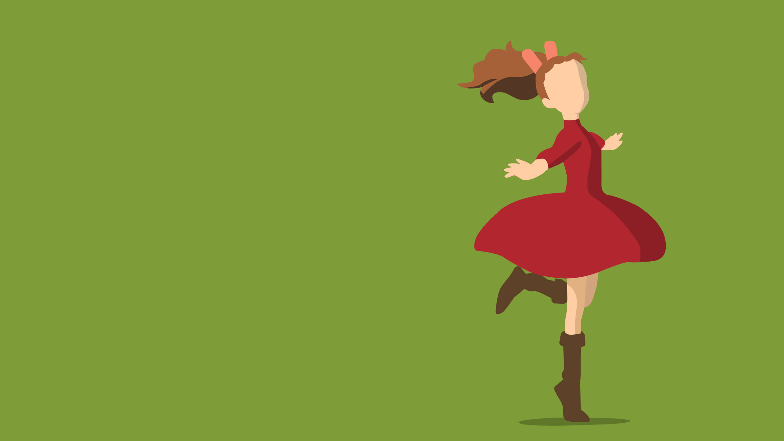 Arrietty 桌布 壁紙 — 一個風格化的女孩穿著紅色連衣裙和棕色靴子在純綠色背景上快樂地旋轉。