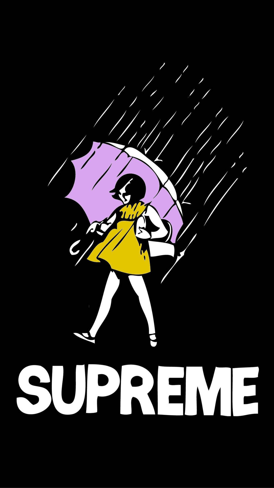 黃色連衣裙女孩撐著紫色雨傘在雨中行走，帶有「SUPREME」文字。
