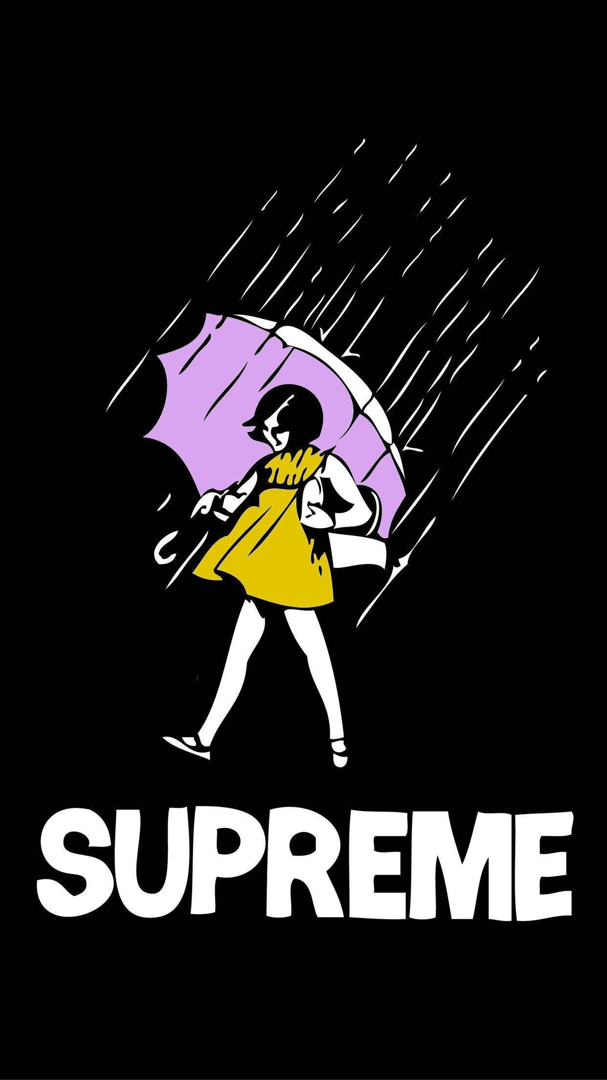 Raining 桌布 壁紙 — 一個風格化的女孩穿著黃色連衣裙，在黑色背景上撐著紫色雨傘，抵擋對角線雨絲，下方有'SUPREME'文字。
