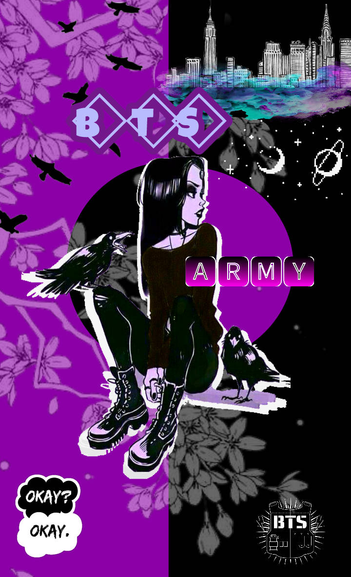 女孩與烏鴉在紫色和黑色動漫風格圖形中，帶有BTS Army文字和城市天際線。 — BTS 防彈少年團 粉絲 女孩 GIF 壁紙
