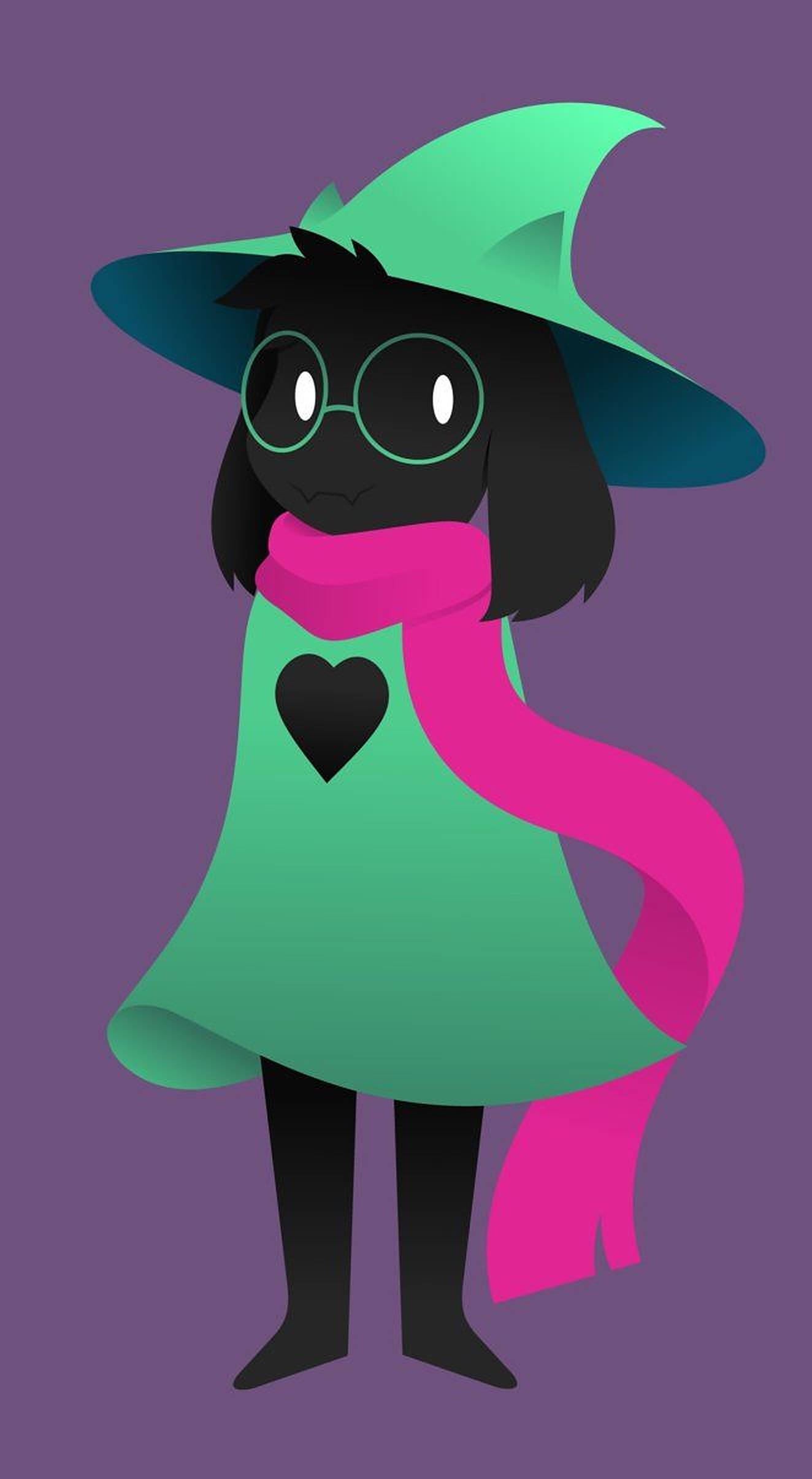 Ralsei 桌布 壁紙 — 一個風格化的女巫，黑色頭髮、眼鏡和藍綠色帽子，站在紫色背景前，穿著粉紅色圍巾和帶有黑色心形的綠色連衣裙。