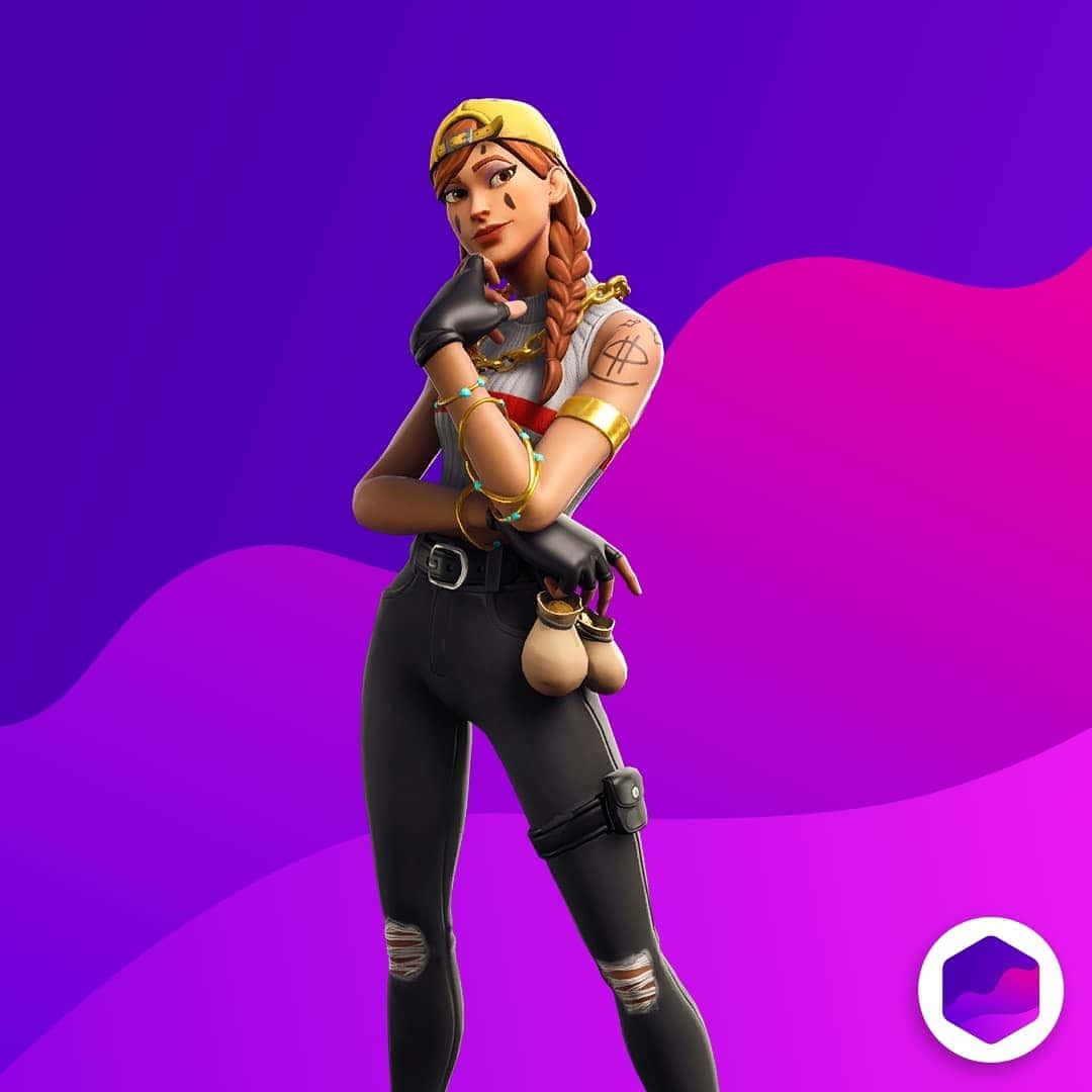 Fortnite 桌布 壁紙 — 一個風格化的女性 Fortnite 角色，編著辮子，佩戴金色飾物，在充滿活力的紫色和粉紅色漸變背景前自信地擺姿勢。