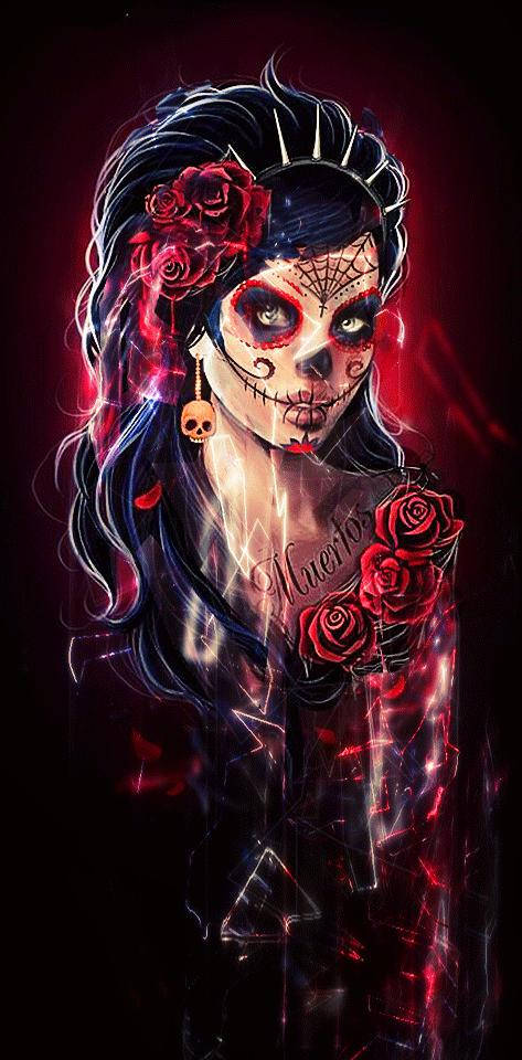 Mexican 桌布 壁紙 — 一個風格化的女性，帶有糖骷髏妝容和紅玫瑰，處於黑暗發光的環境中。