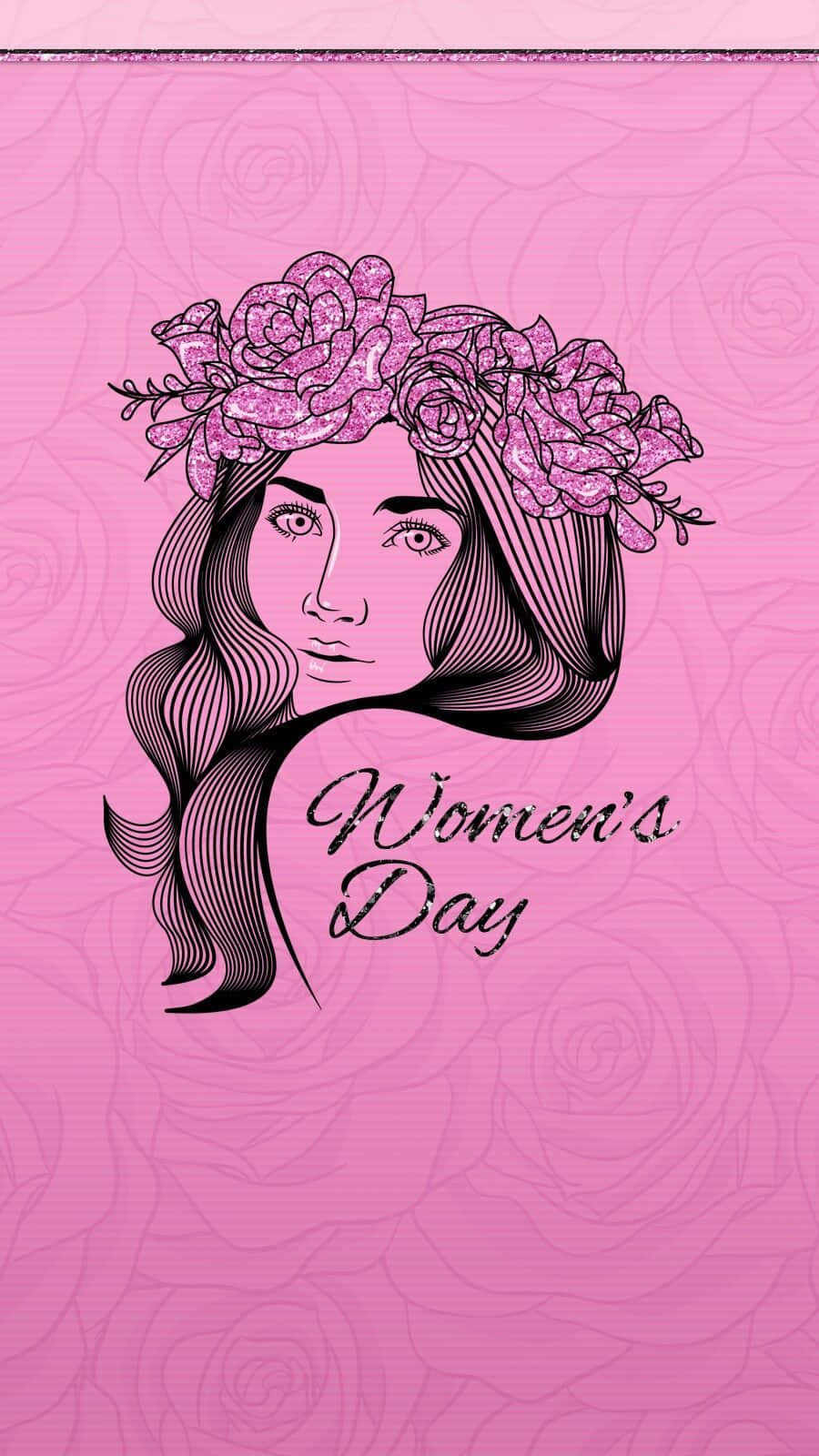 Happy Womens Day 桌布 壁紙 — 一個風格化的女性，飄逸的頭髮和閃閃發光的玫瑰皇冠，在粉紅色玫瑰圖案背景上，帶有「Women's Day」文字。