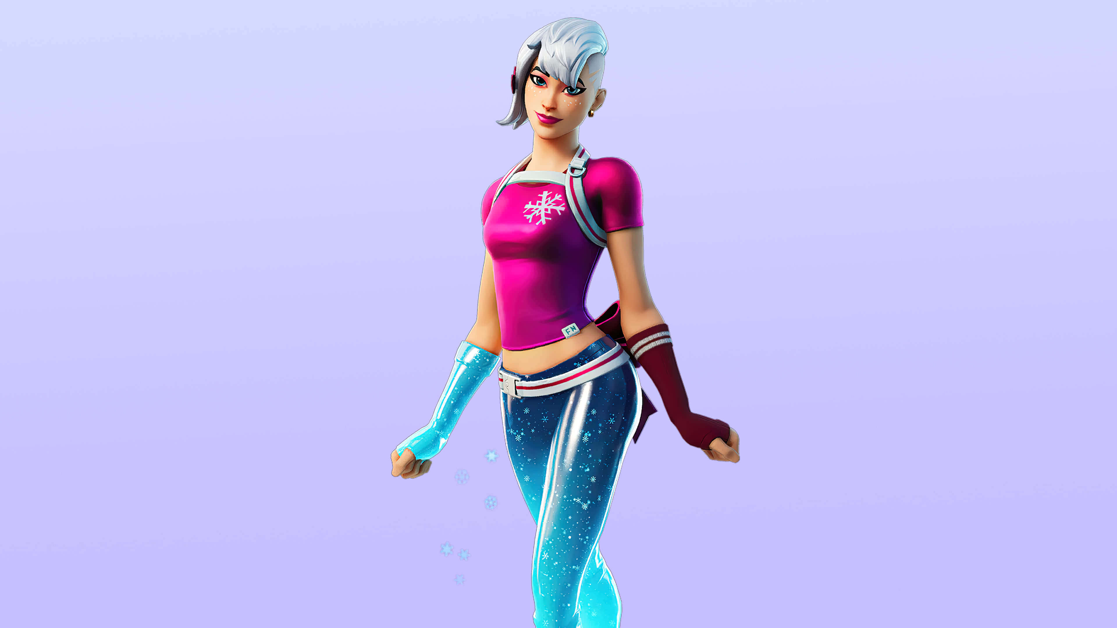 Fortnite 桌布 壁紙 — 一個風格化的女性Fortnite角色，銀色頭髮和發光的藍色褲子，自信地站在柔和的薰衣草漸變背景前。