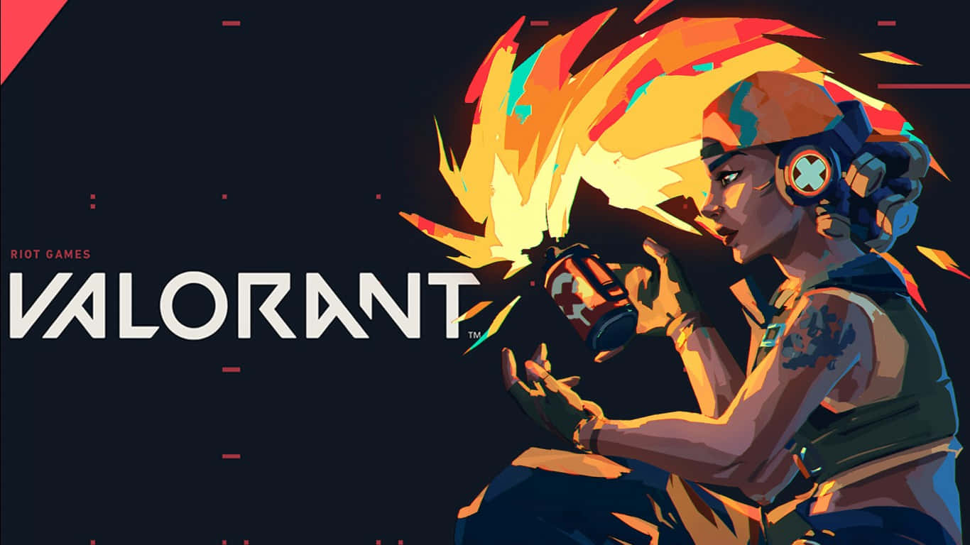 1366x768 Valorant 桌布 壁紙 — 一個風格化的女性Valorant特工，擁有火焰般的頭髮和耳機，在黑暗背景下瞄準武器。