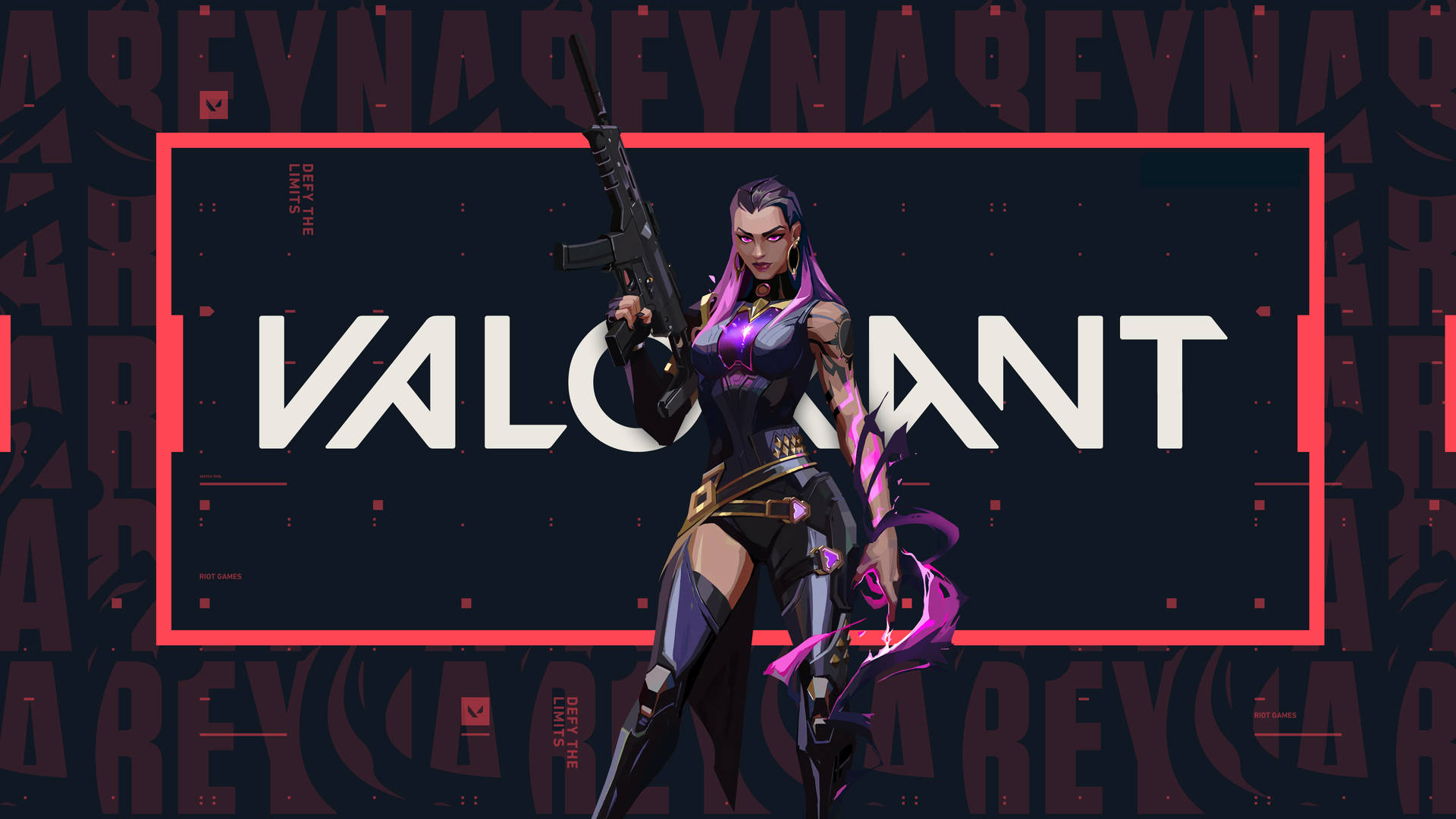 Valorant遊戲角色持步槍，帶發光紫色裝飾，背景黑暗。 — Valorant Logo 壁紙